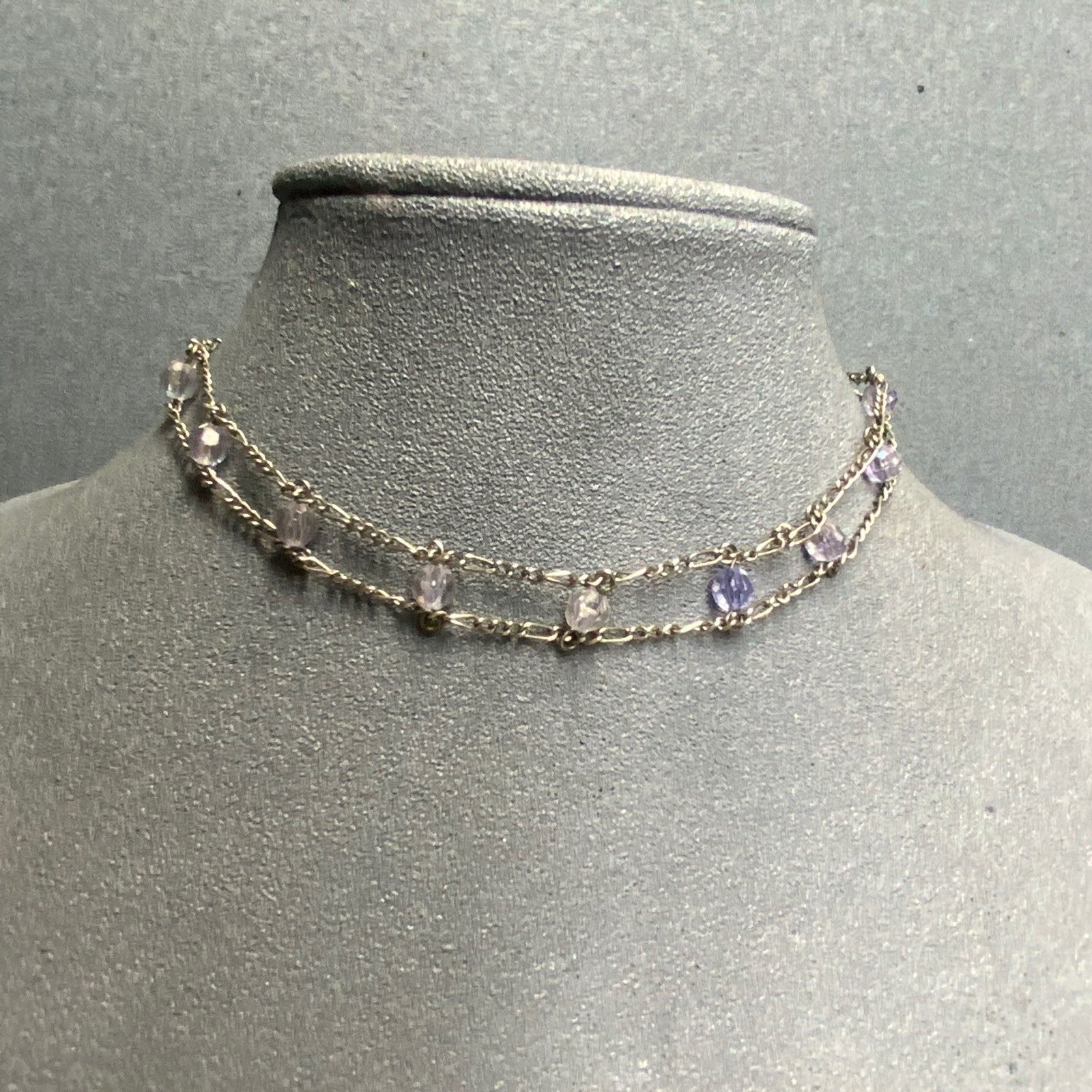 Ladder Beaded Choker Necklace 12 In Silver Clear Purple Iridescent Faceted Retro