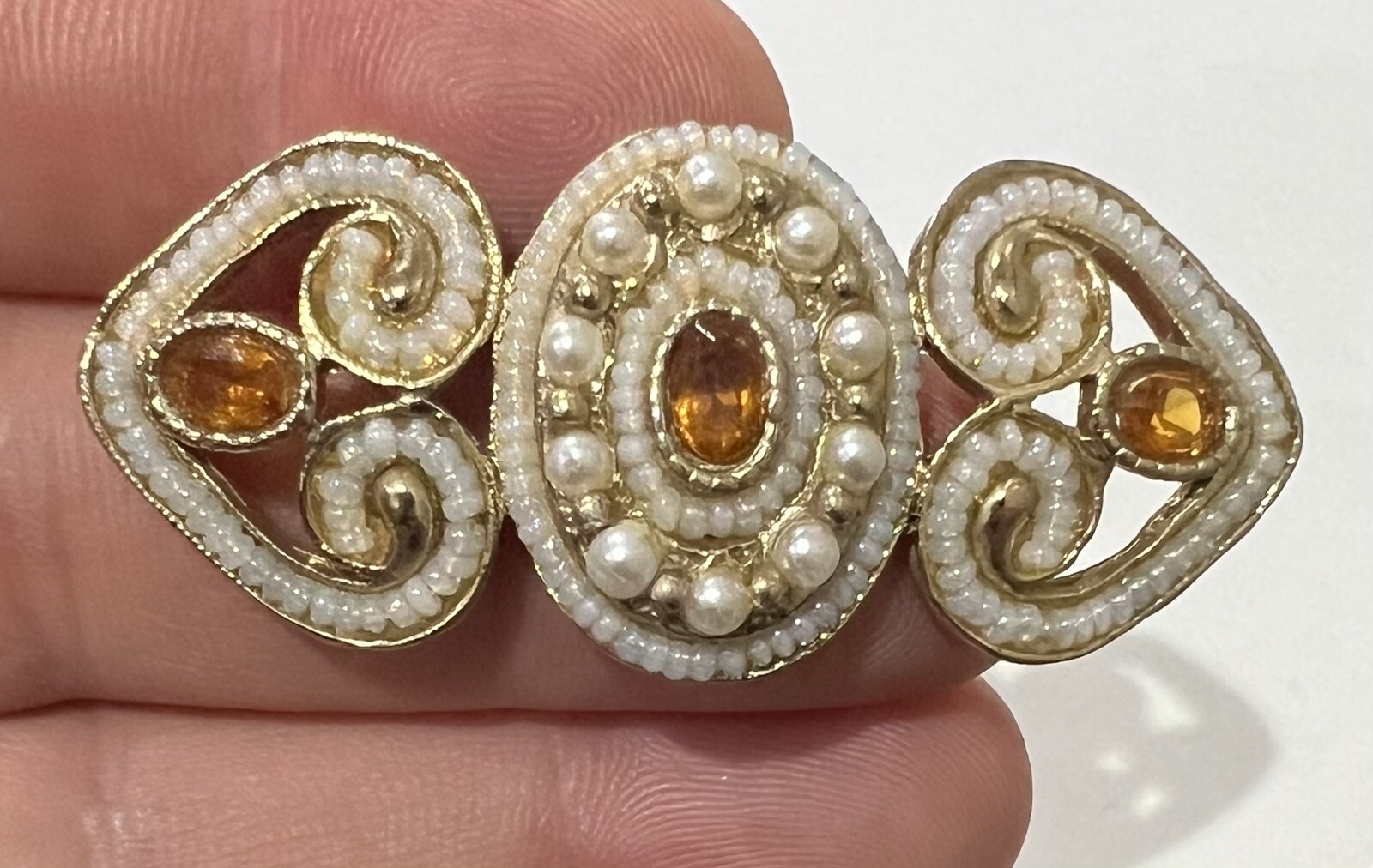 Amber Colored Brooch Crystal Gold Toned Faux Pearl Quality Vintage MCM