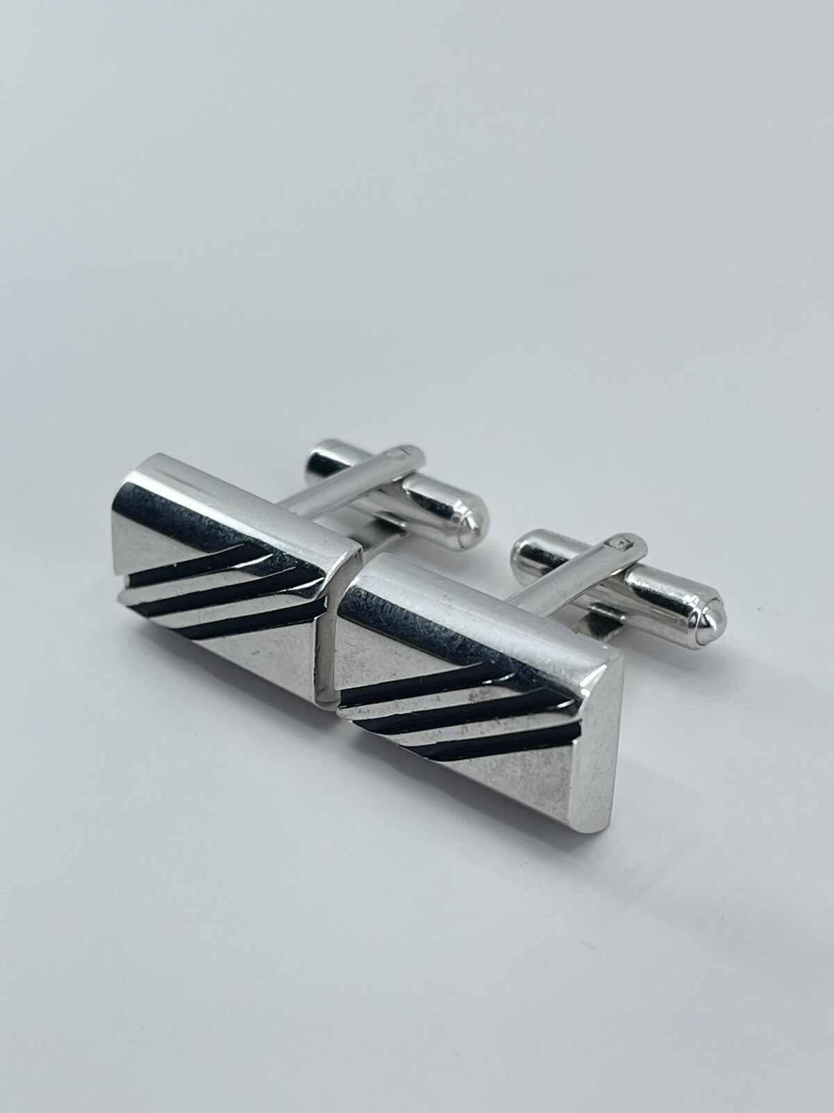 Cufflinks Rectangle Silver tone with horizontal black enamel lines