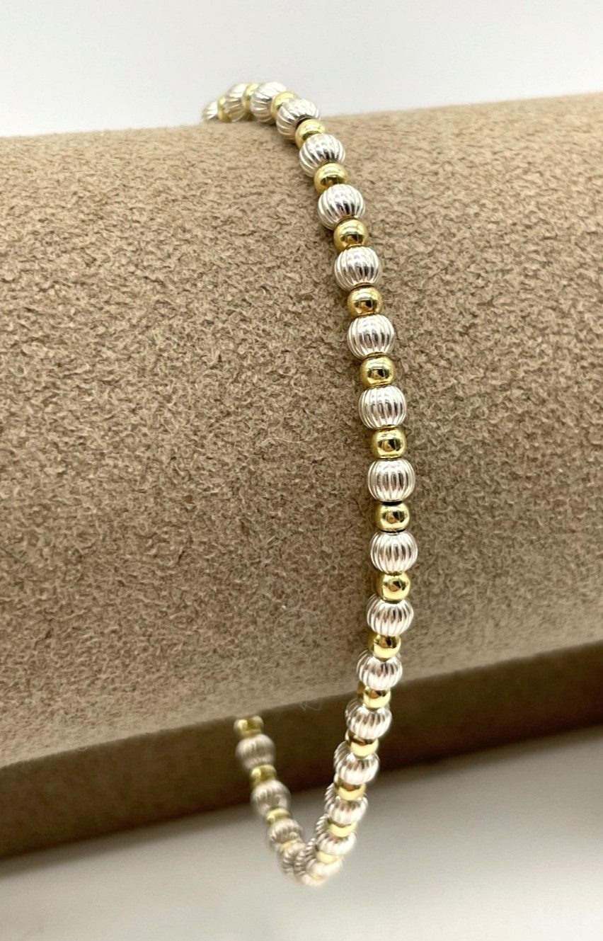 VTG Italy 925 Sterling Silver & Gold-Filled Fluted ball bead bracelet 8″