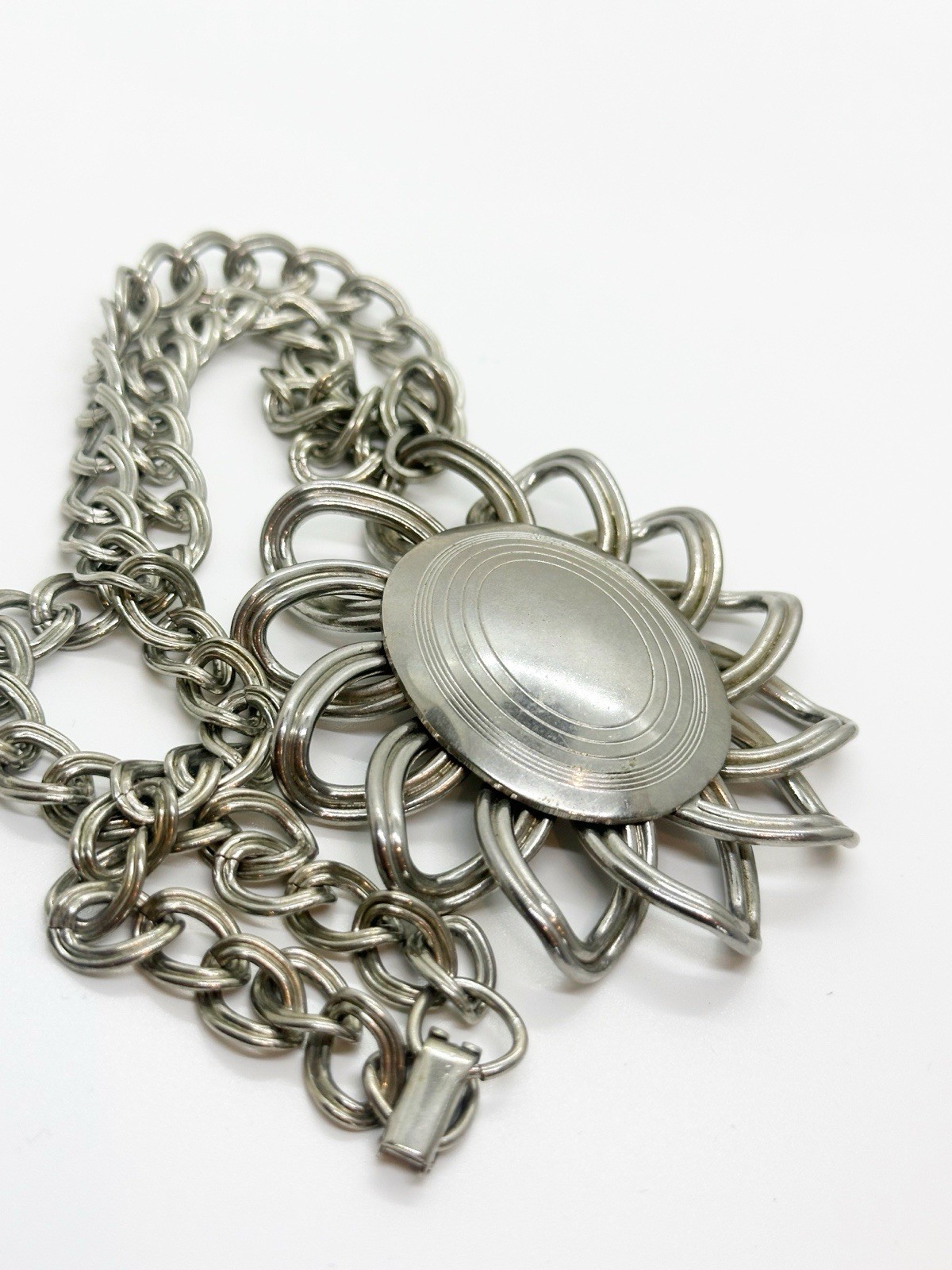 Vintage Retro Mod Flower Statement Necklace 1960’s Silver Toned