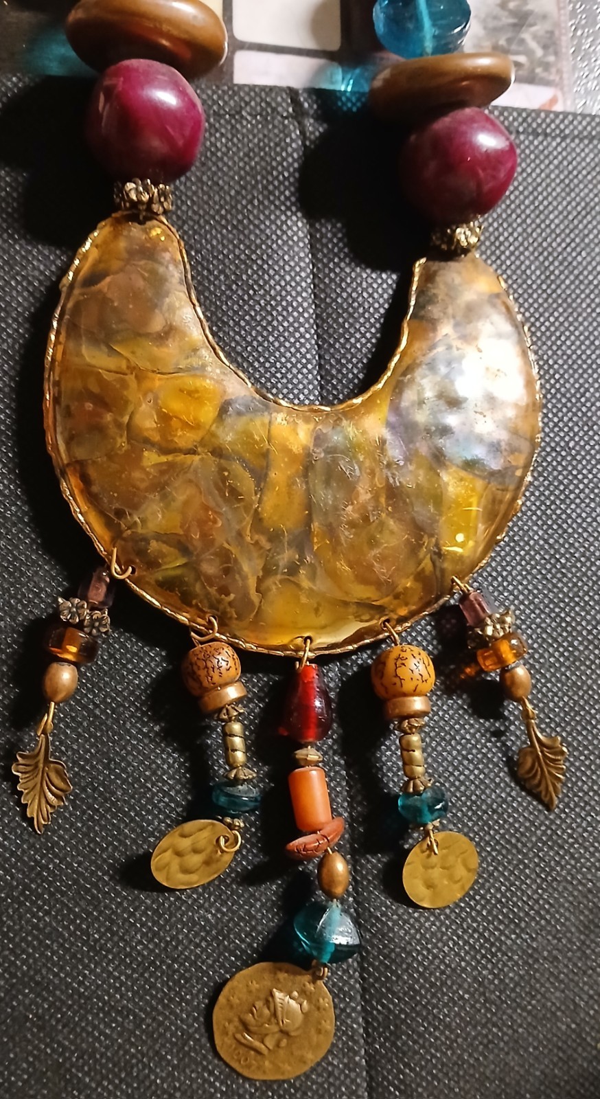 Signed SURLES Vintage Modernist Brass Bib Necklace Colorful Art Glass Beaded