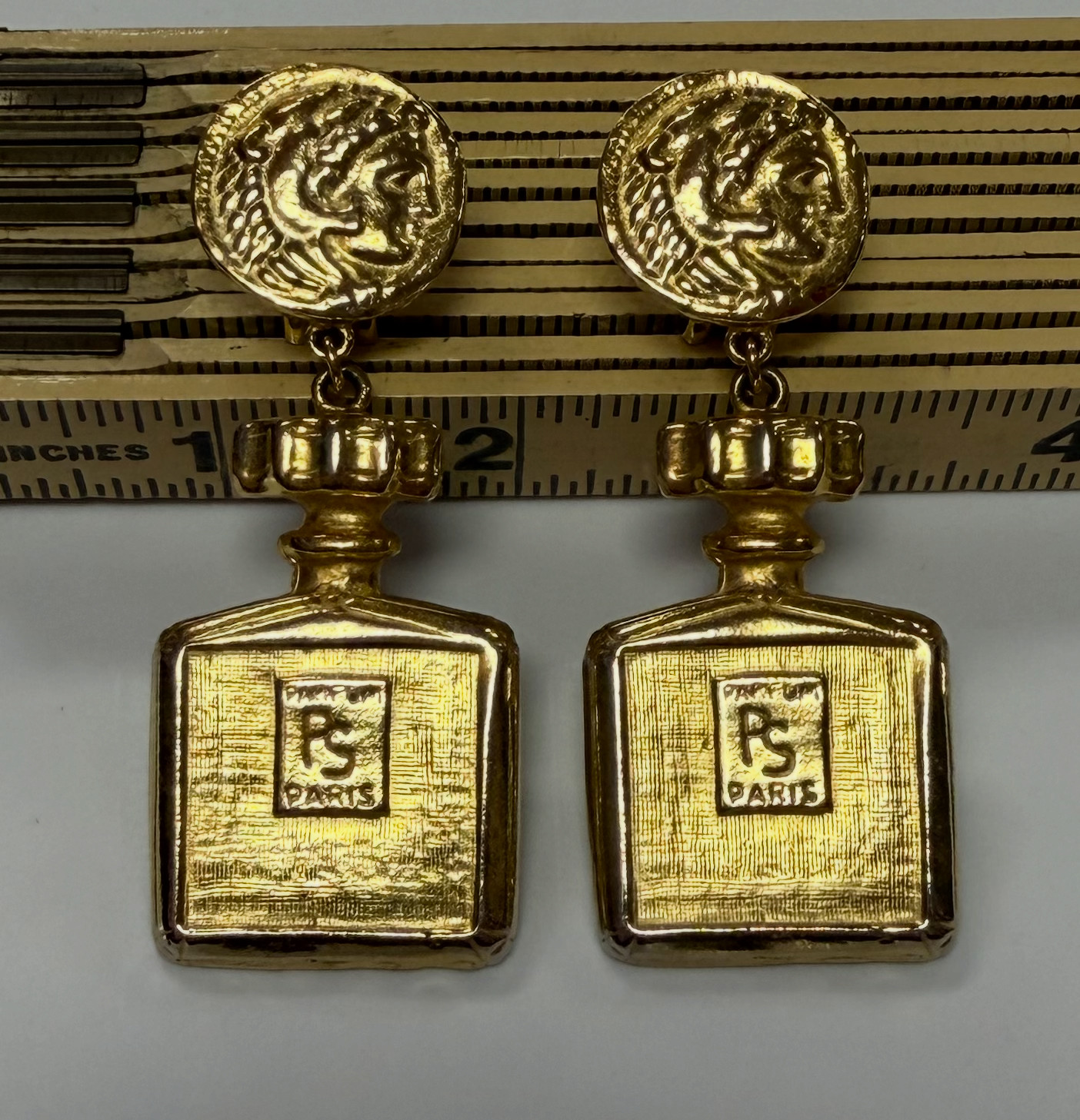 Vintage Gold Tone “Parfum Paris” Perfume Bottle Clip On Earrings French Novelty