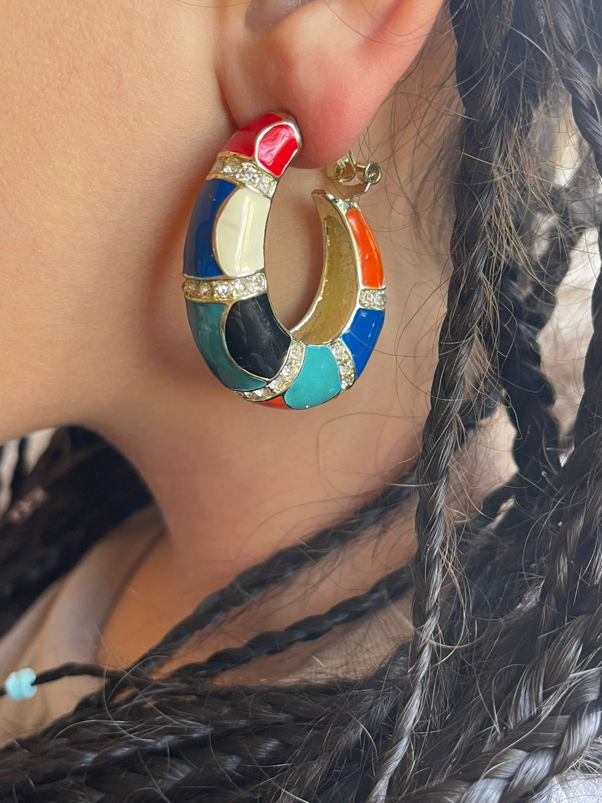 Chunky Multi Color Enamel Hoop Earrings Rhinestone Crystal Gold Tone