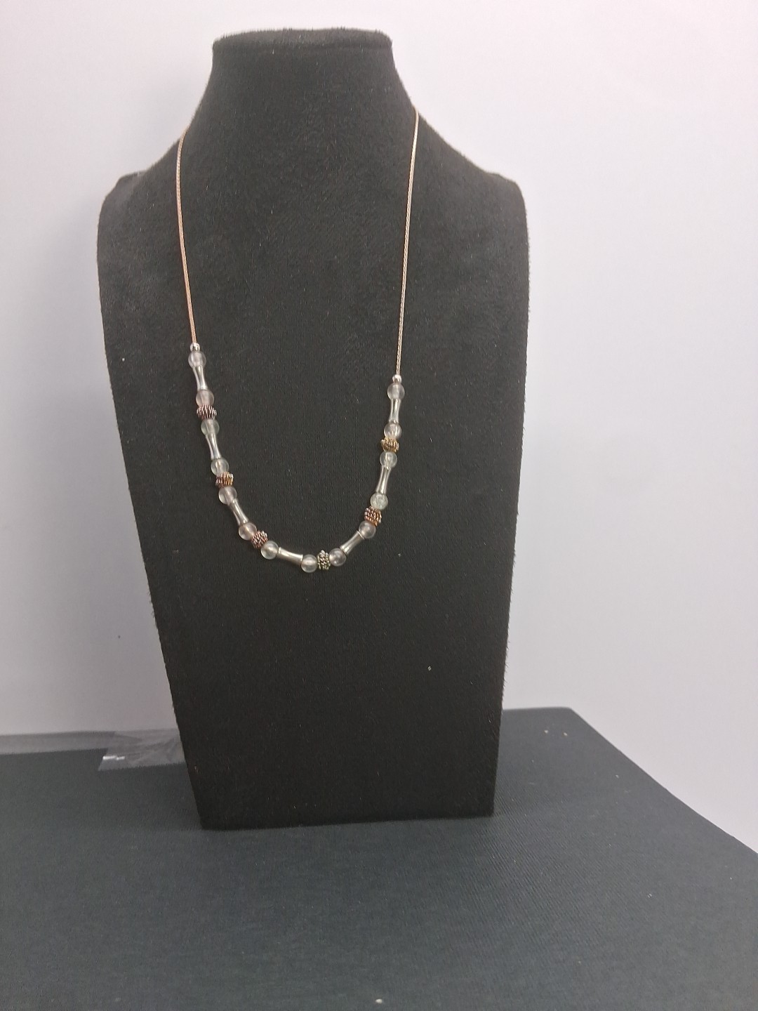 Vintage Silver and Rose Gold Tone Mixed Metal Beaded Necklace with Bar Stations