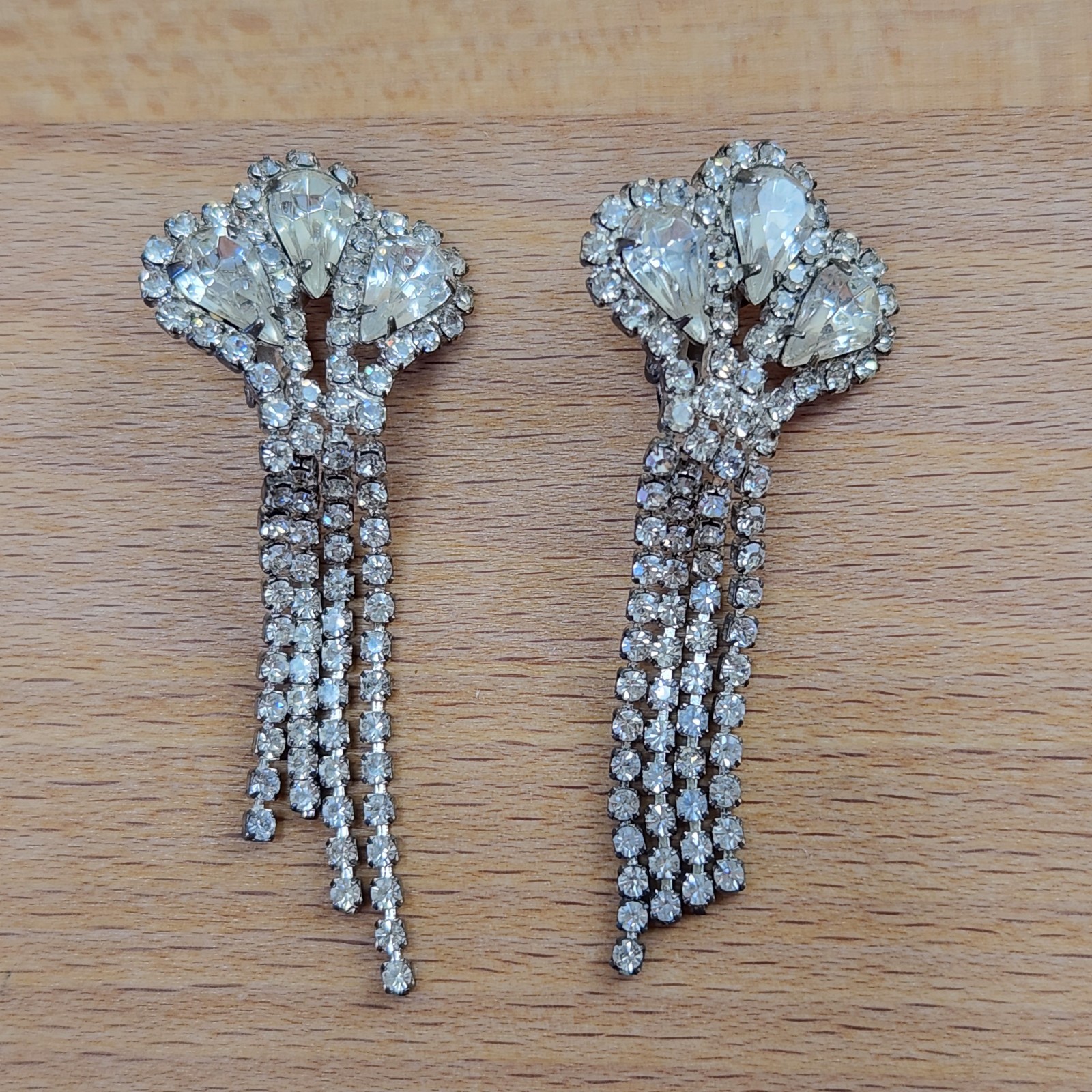 Vintage Clear Rhinestone Chandelier Clip On Earrings- Hollywood Glam