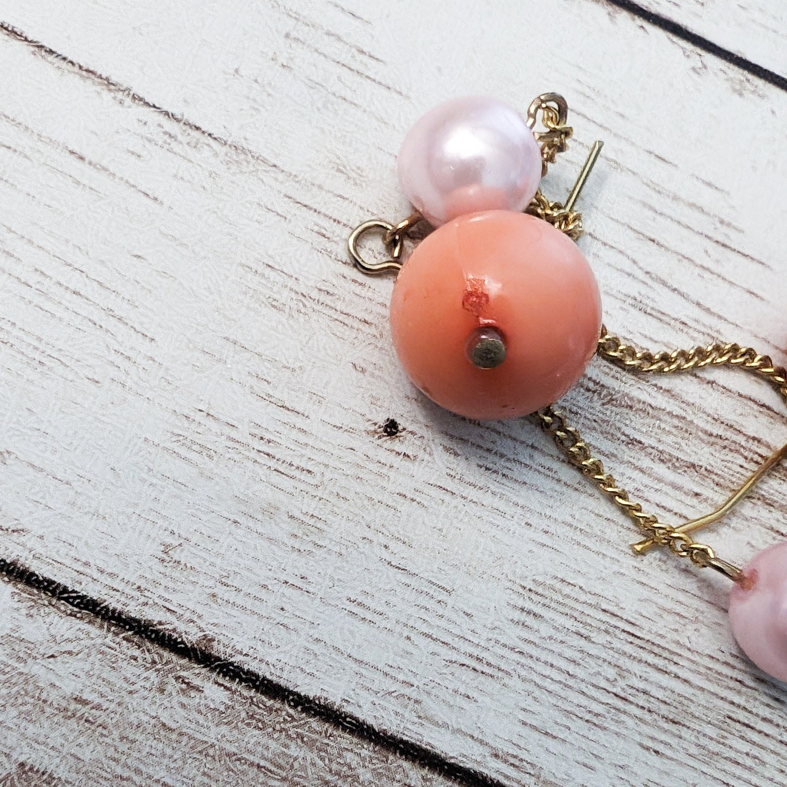 Vintage Earrings For Pierced Ears – Long Pink/Peach Faux Pearl Dangle
