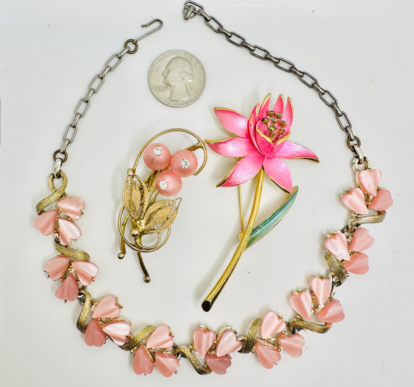 Lot Lisner PINK Moonglow Lucite Necklace, Park Lane & Other Rhinestone Brooches