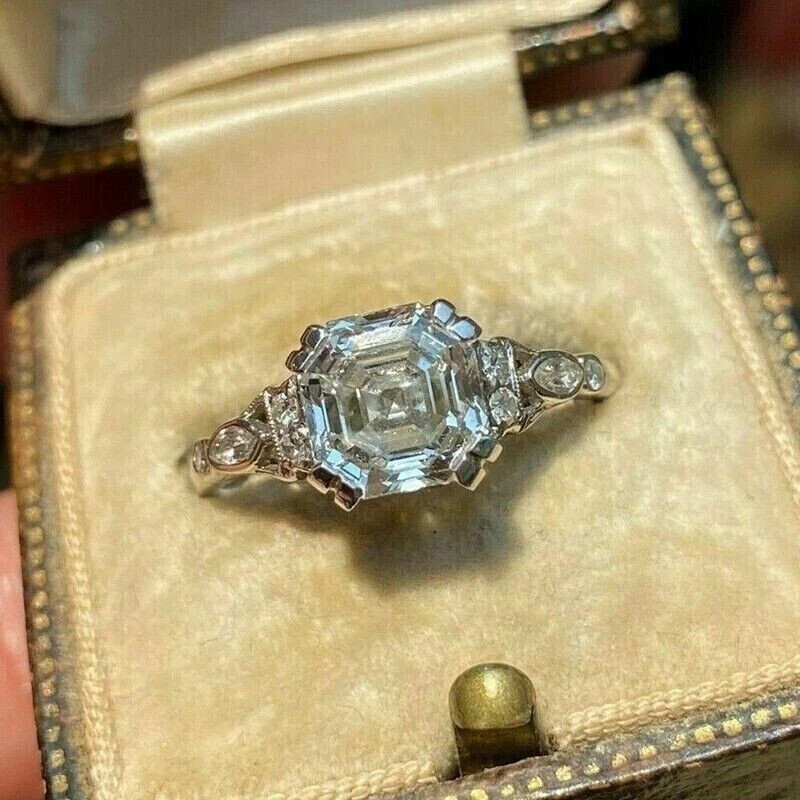Art Deco Style 14K White Gold FN Asscher Cut Lab Created Diamond Ring Engagement