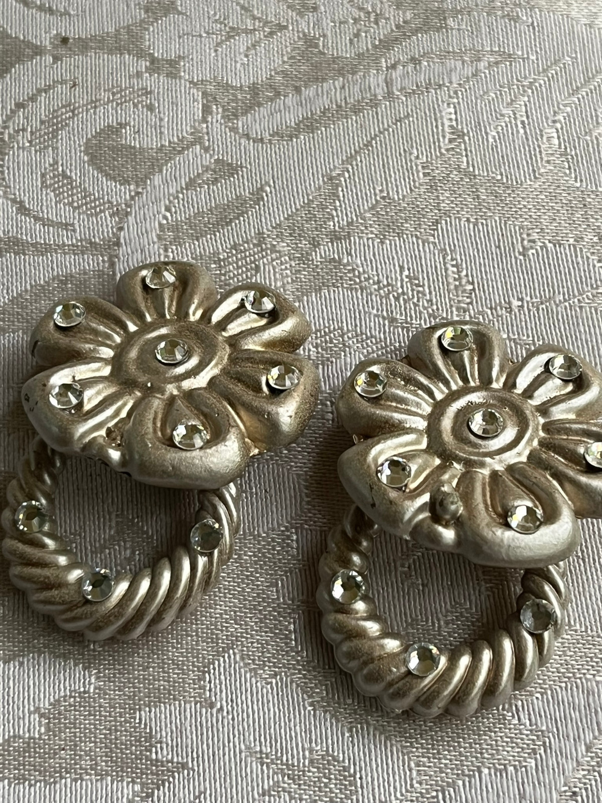 Jeff Lieb Floral Earrings Door Knockers Removable Ring Dangle Clip On Rhinestone