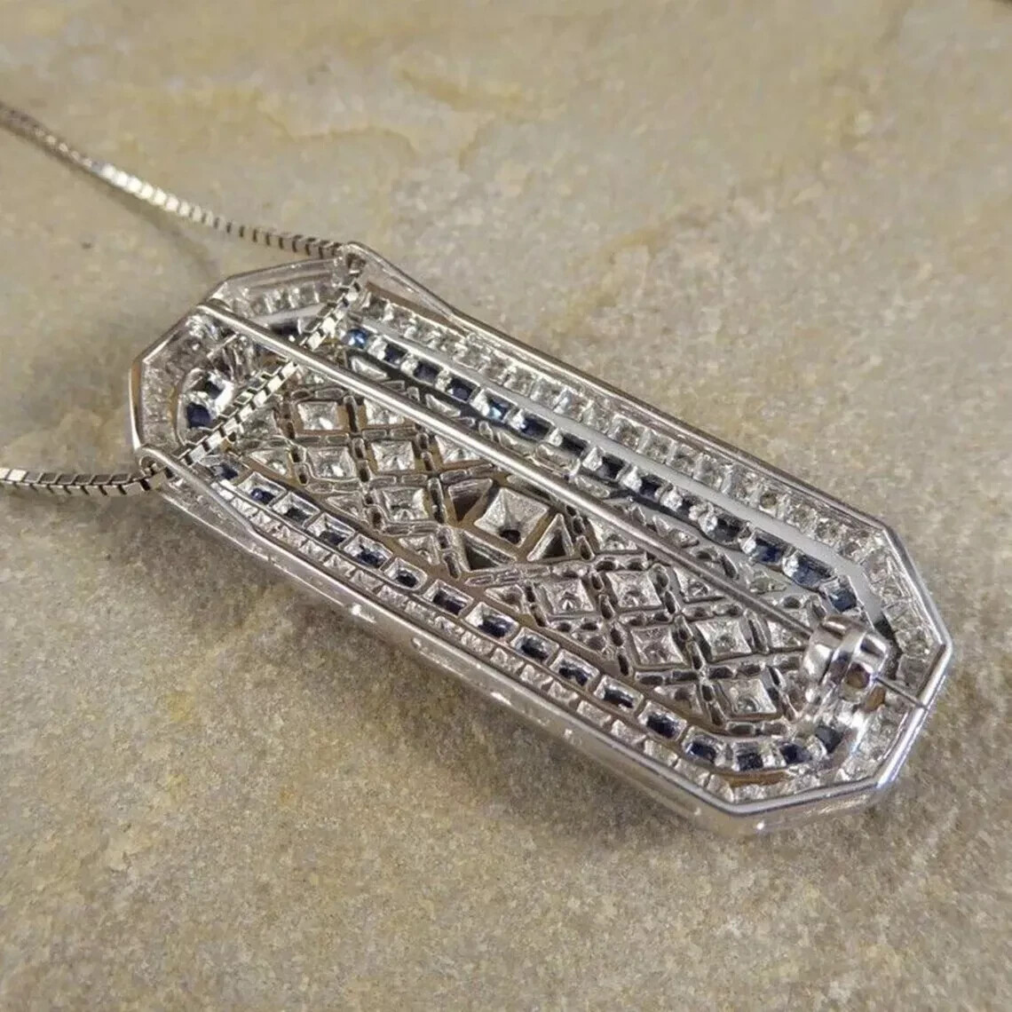 Art Deco Style Sapphire & Lab Created Diamond Wedding 14k White Gold Fn Pendant