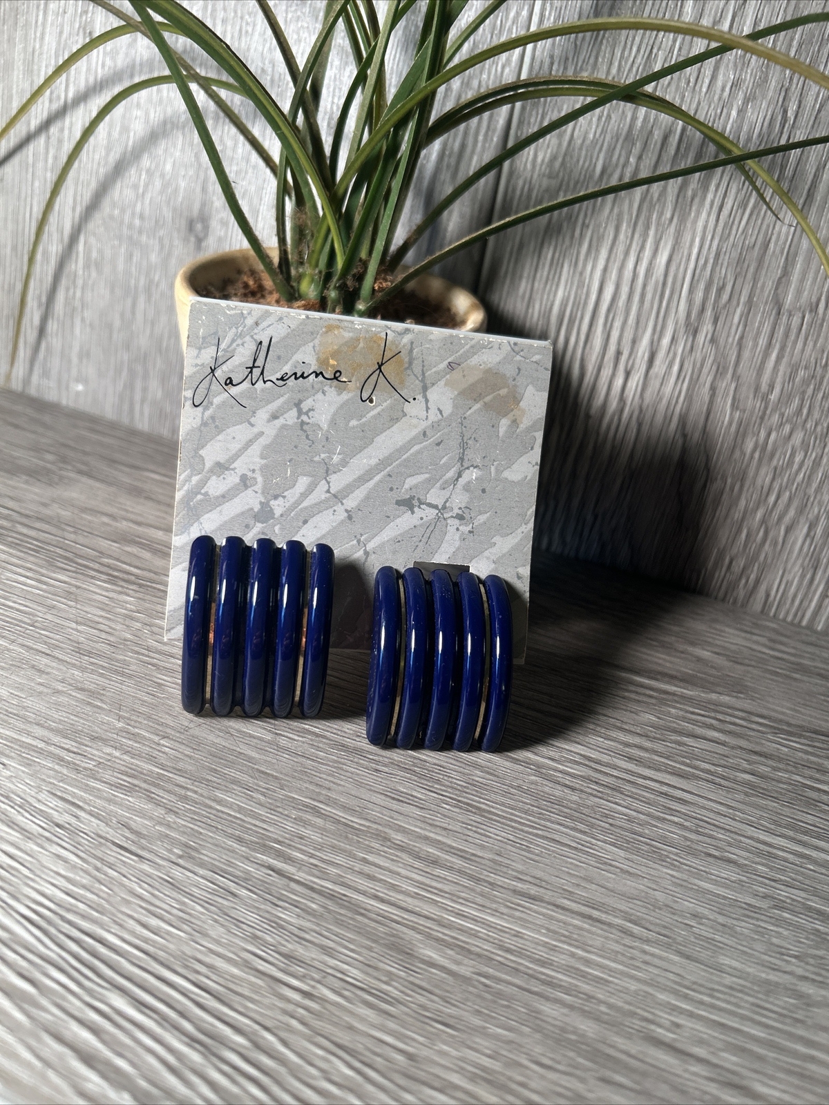 Clip on Earring Navy Blue with Gold Inlay Stripes Enamel. Any occasion.