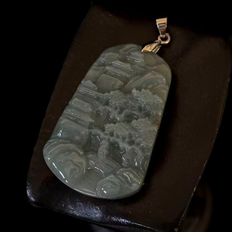 High-grade Natural Green Jade Jadeite Pendant Embossed Landscape, Free Necklace