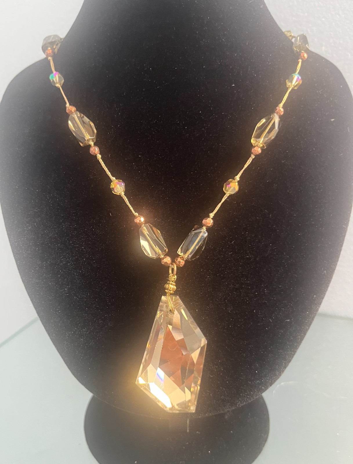 Vintage Style Champagne Faceted Crystal Pendant Neckclace Statement Big Drop 13″