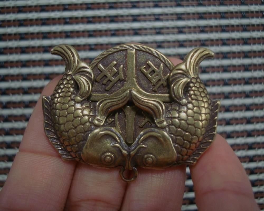 Vintage Style Solid Brass Two Fish Figurine Statue FengShui Pendant Bags Charms