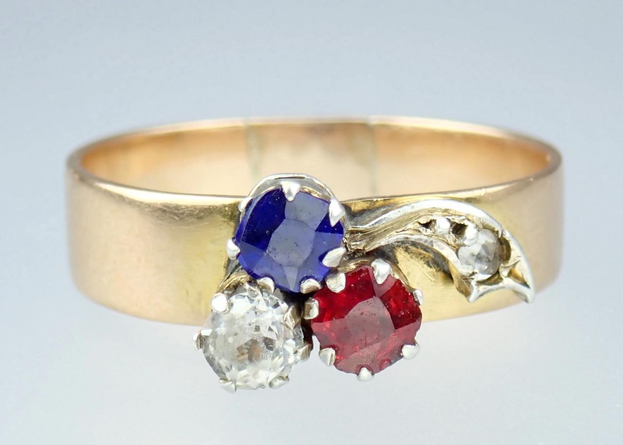 Charming Antique Victorian 14K Rose Gold Red White Blue Paste Floral Ring Size 8