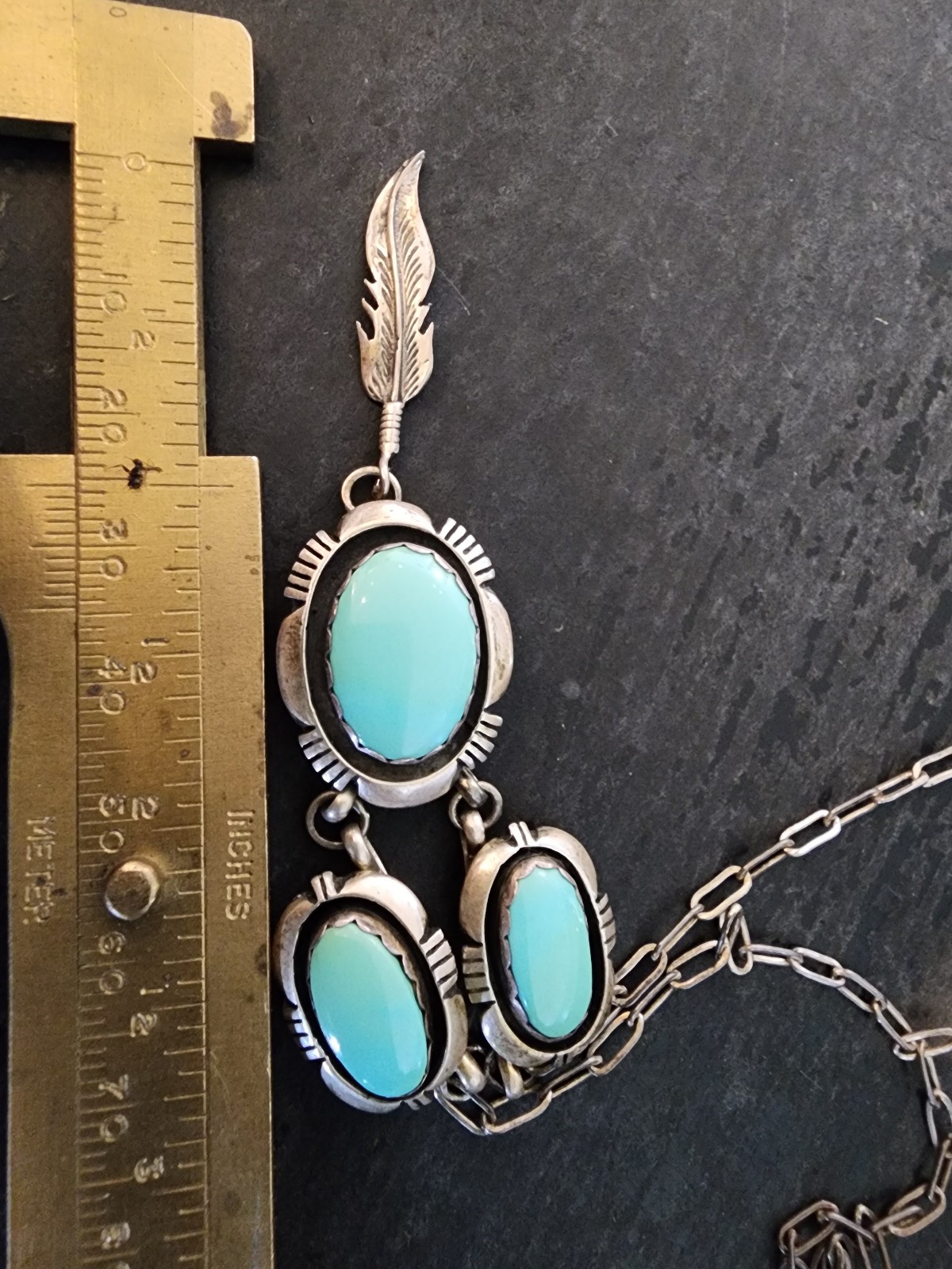 Navajo Signed Leonard Marian Nez Sterling Silver Turquoise Necklace