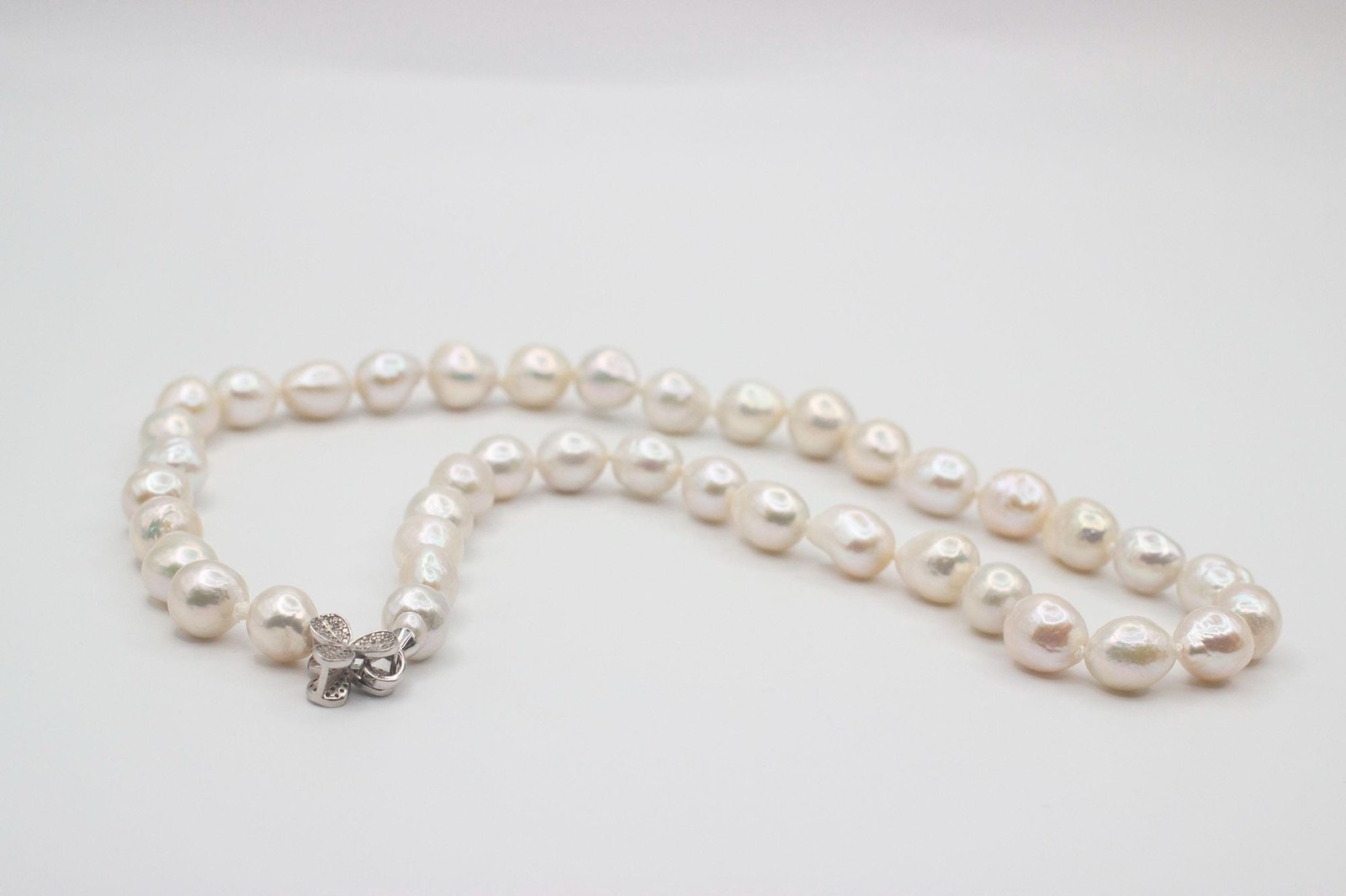 21” White Baroque Edison Pearl Necklace Kasumi Style Sterling Silver CZ Clasp