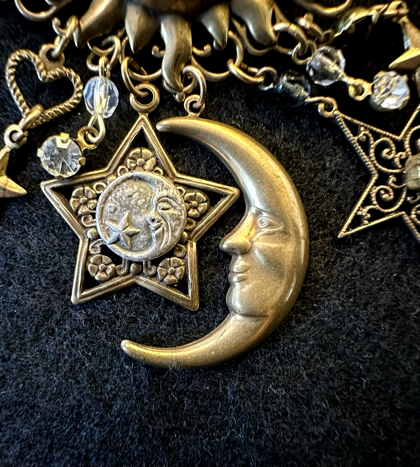 Celestial Sun Moon & Stars Brooch With Crystals – Antique Brass-tone