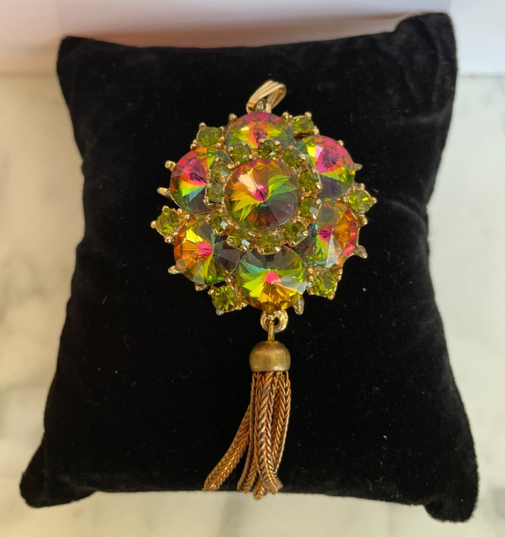 Edlee- Vintage Rhinestone Watermelon Helitrope Necklace Pendant-Signed- G79