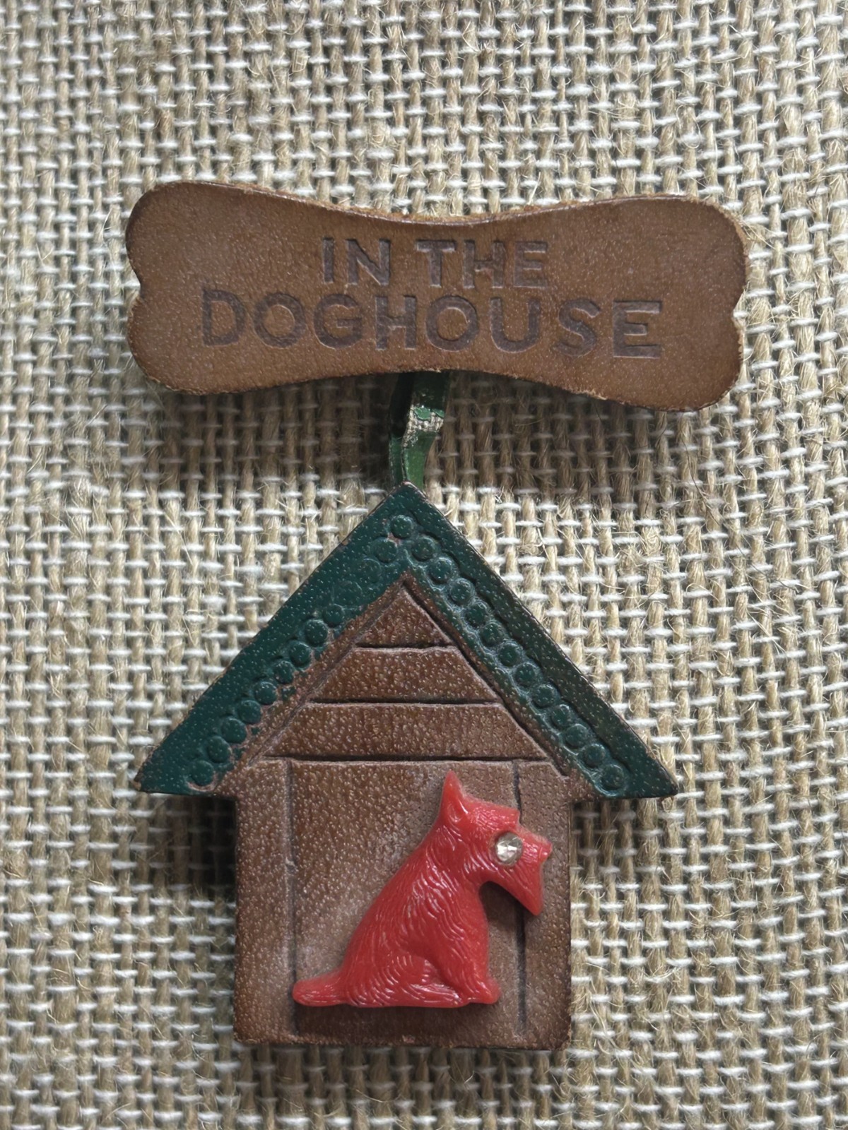 Vintage 1940s Wood “In The Doghouse” Brooch – Red Plastic Scottie Dog Pin