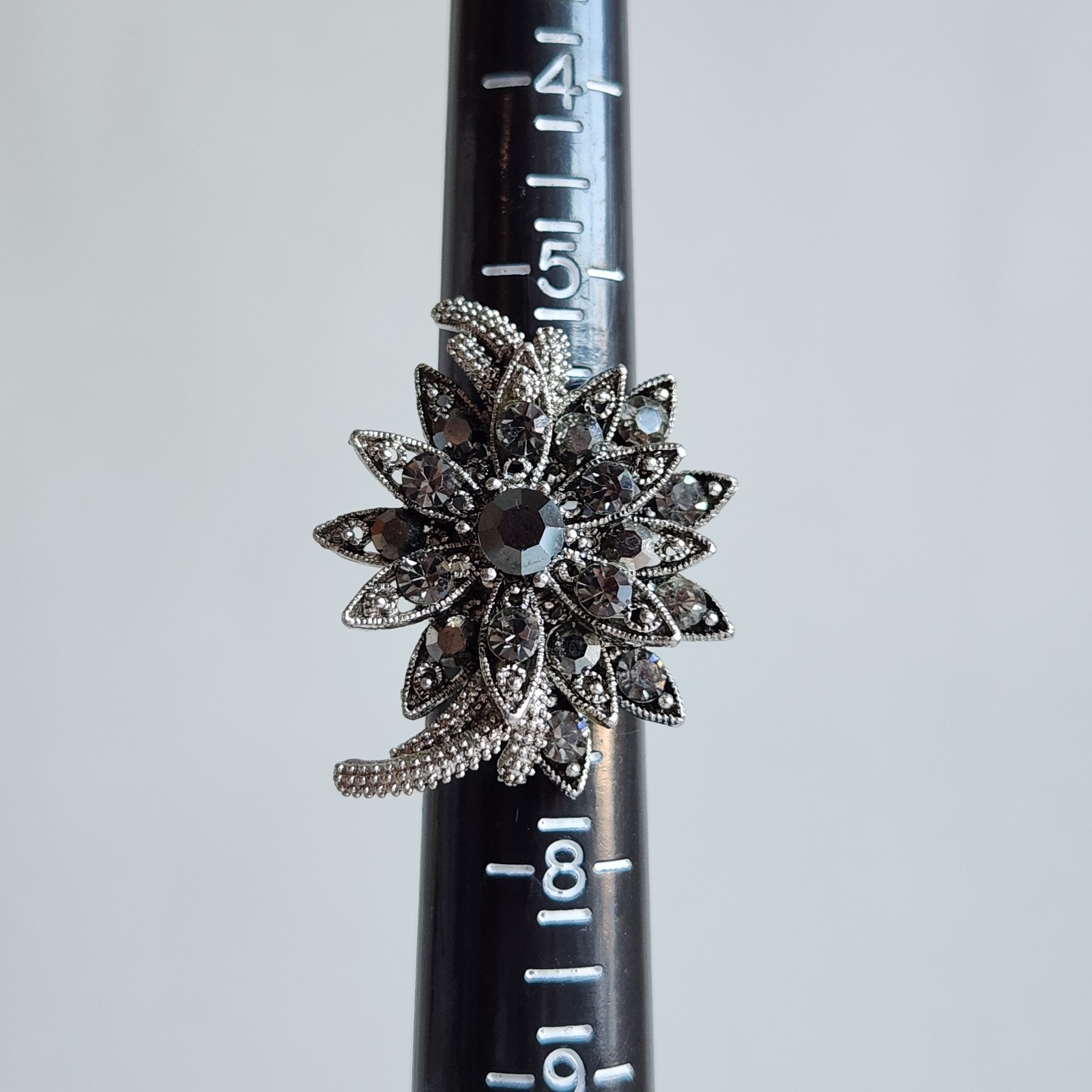 Adjustable Silver Tone Floral Rhinestone Statement Ring Smoky Crystal