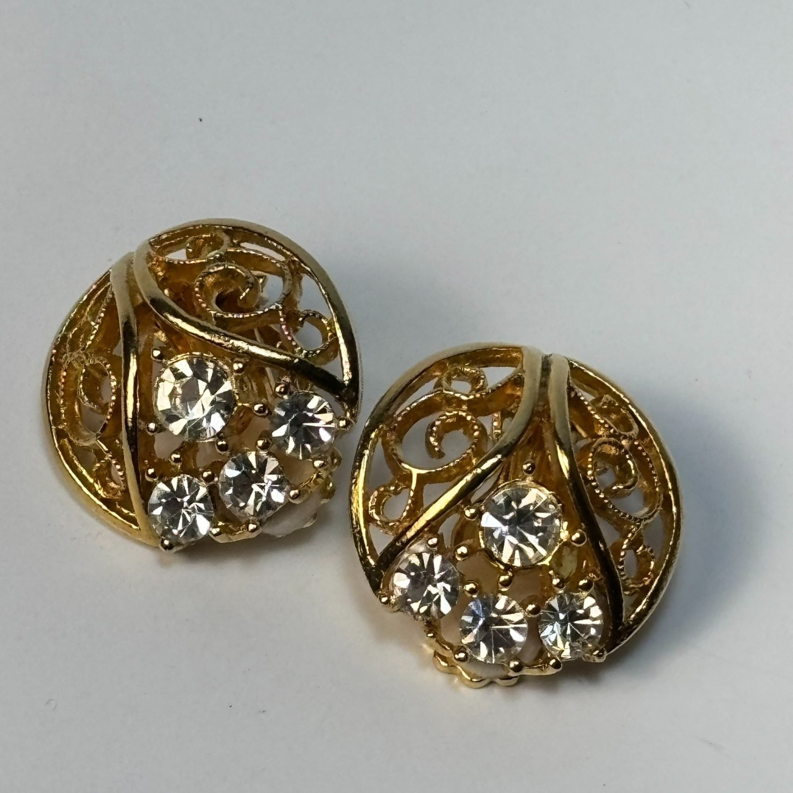 Vintage Earrings Filigree Gold Tone Rhinestones Elegant Clip On