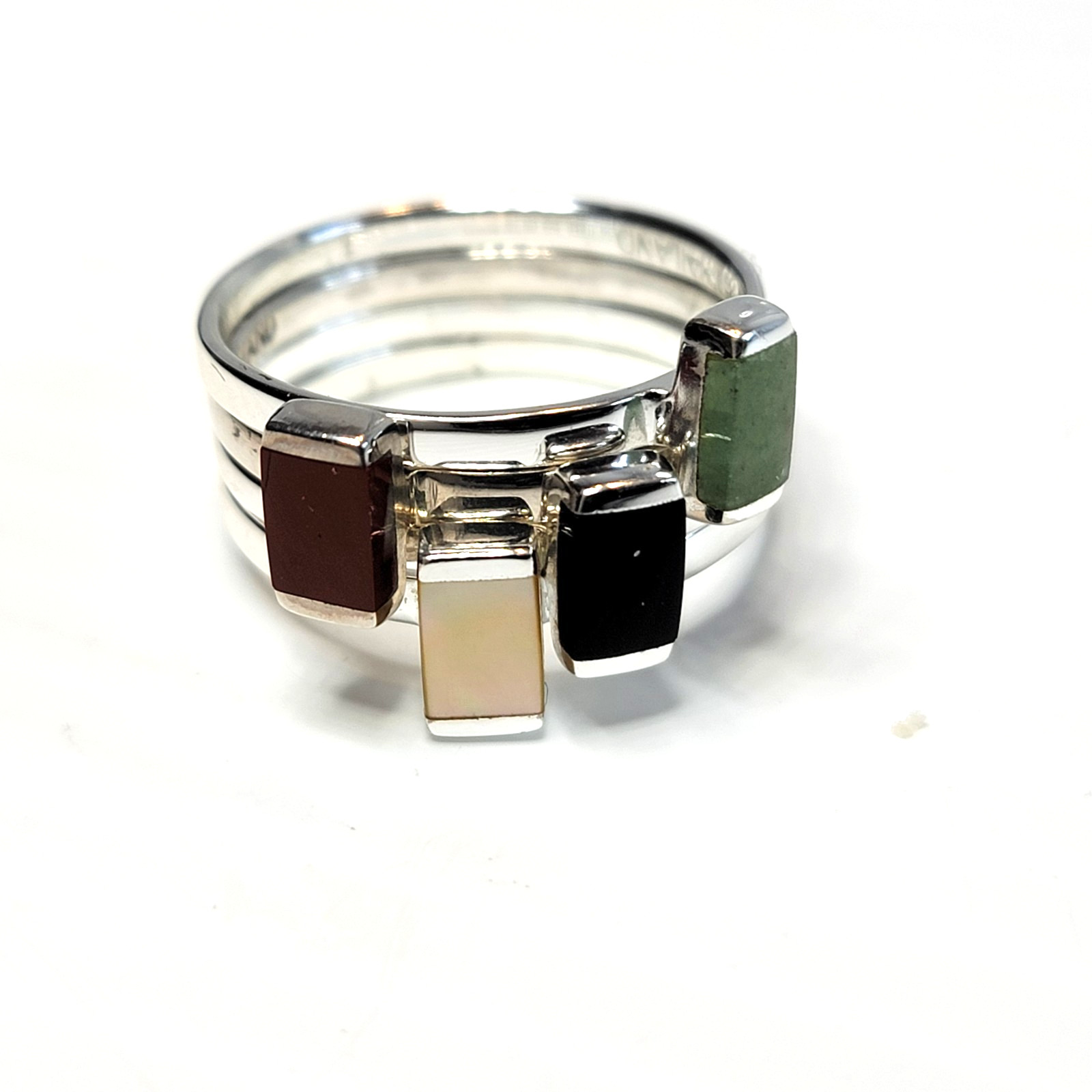 VTG Sterling Silver 925 Inlay Rings Set Of 4, Size 10, Stackable Onyx Aventurine