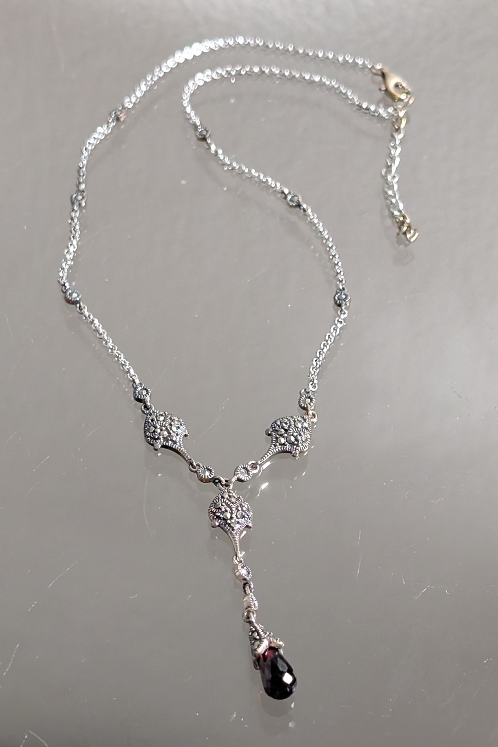 Vintage Unused W/Box Sterling Silver Garnet & Marcasite Station “Y” Necklace