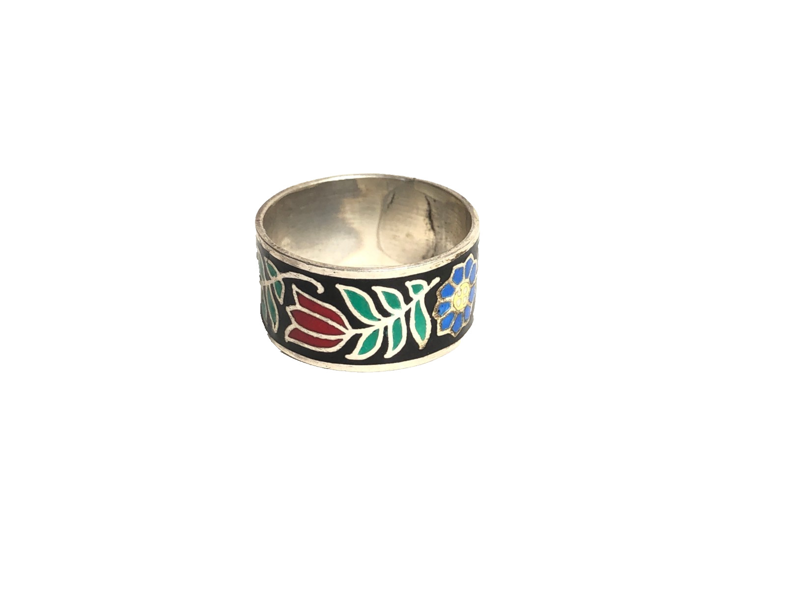 Siam Ring Band Enamel Cloisonne Heart Flower Sterling Silver Vintage NOS Sz 7.25