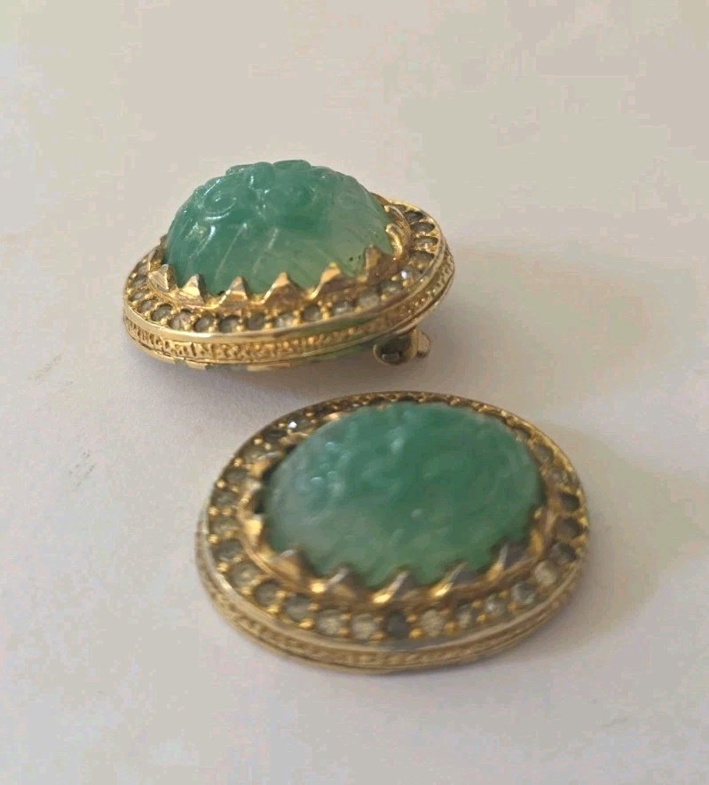 Nettie Rosenstein Clip On Earrings Faux Jade Cabochons 1 Missing The Clip on
