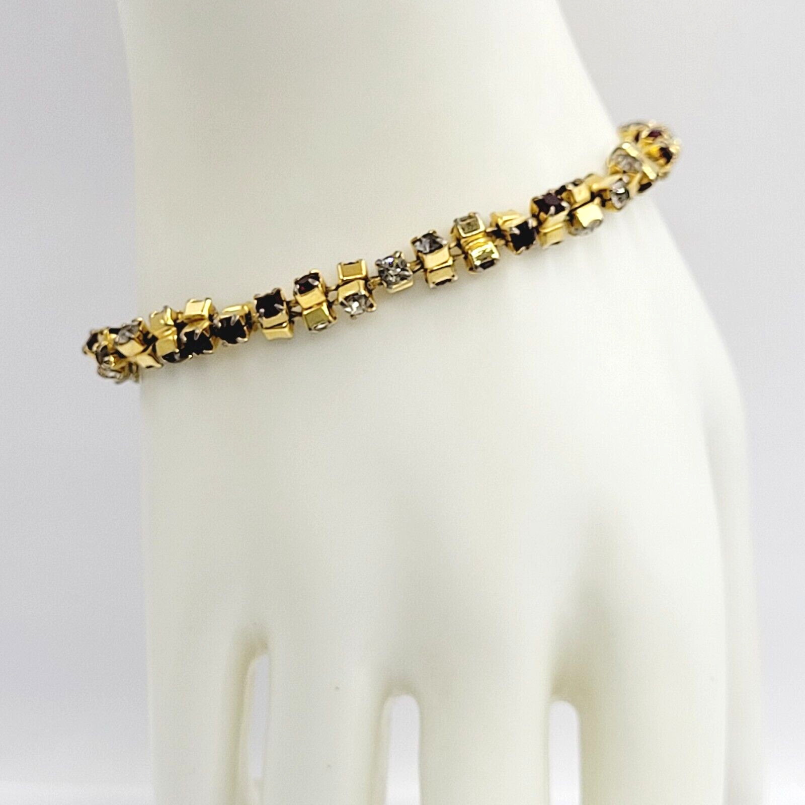 Unique Slightly Brutalist Style Gold Plated Bracelet Red White Rhinestone 7.5 In