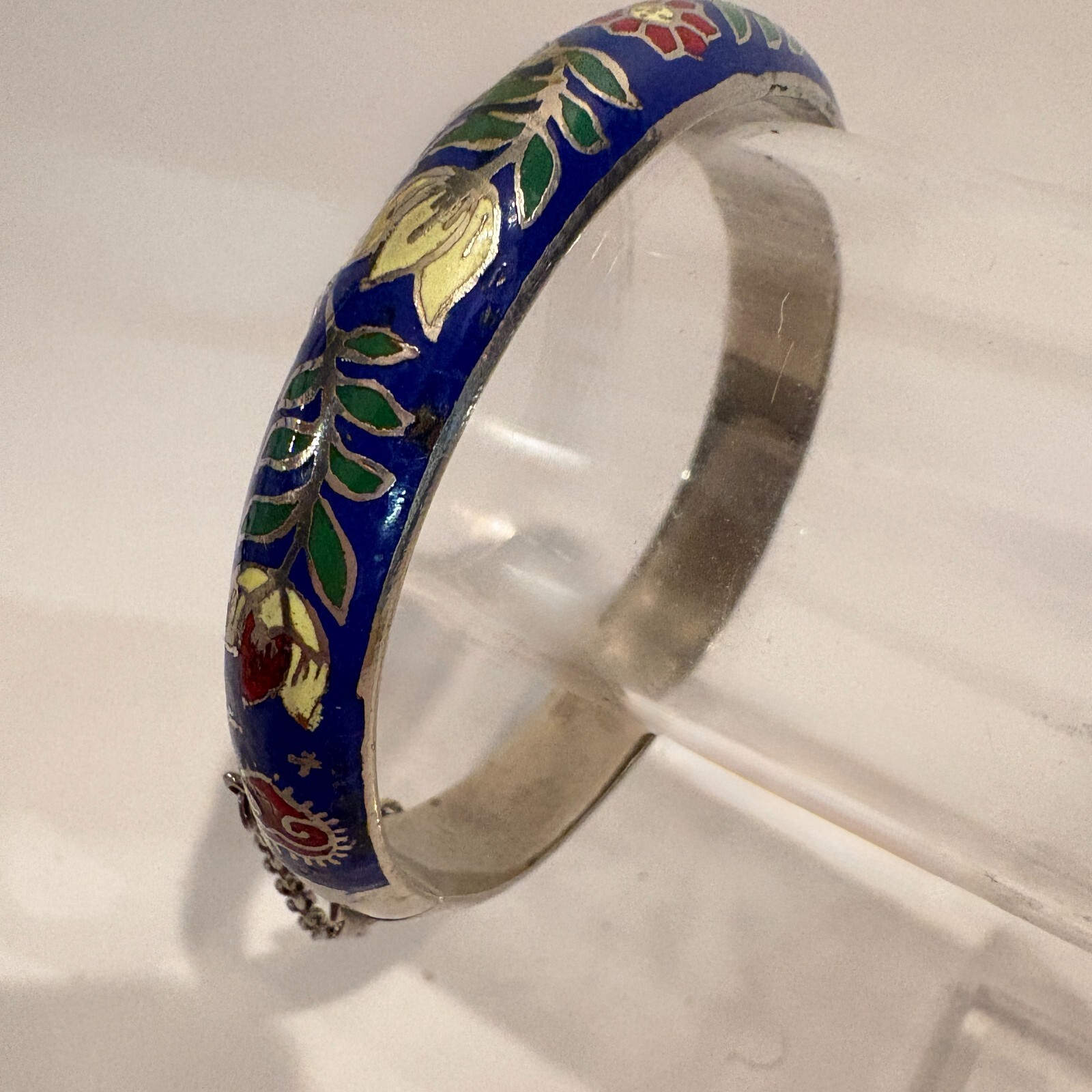 Vintage Sterling Silver Enameled Bracelet blue red yellow flowers 1930’S