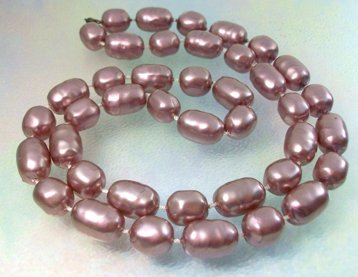 Set of 2 Light Purple Necklaces Plum Large Faux Pearl Beads Vintage 24″ 30″ Long
