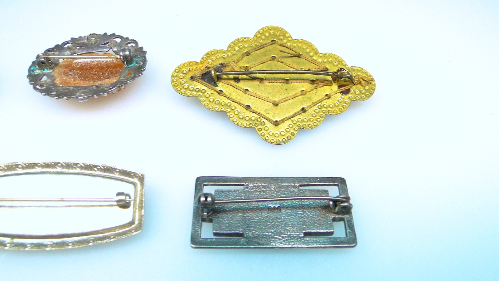 6 Antique Pins Deco Sterling Glass Stones Fancy Settings Vintage Lot