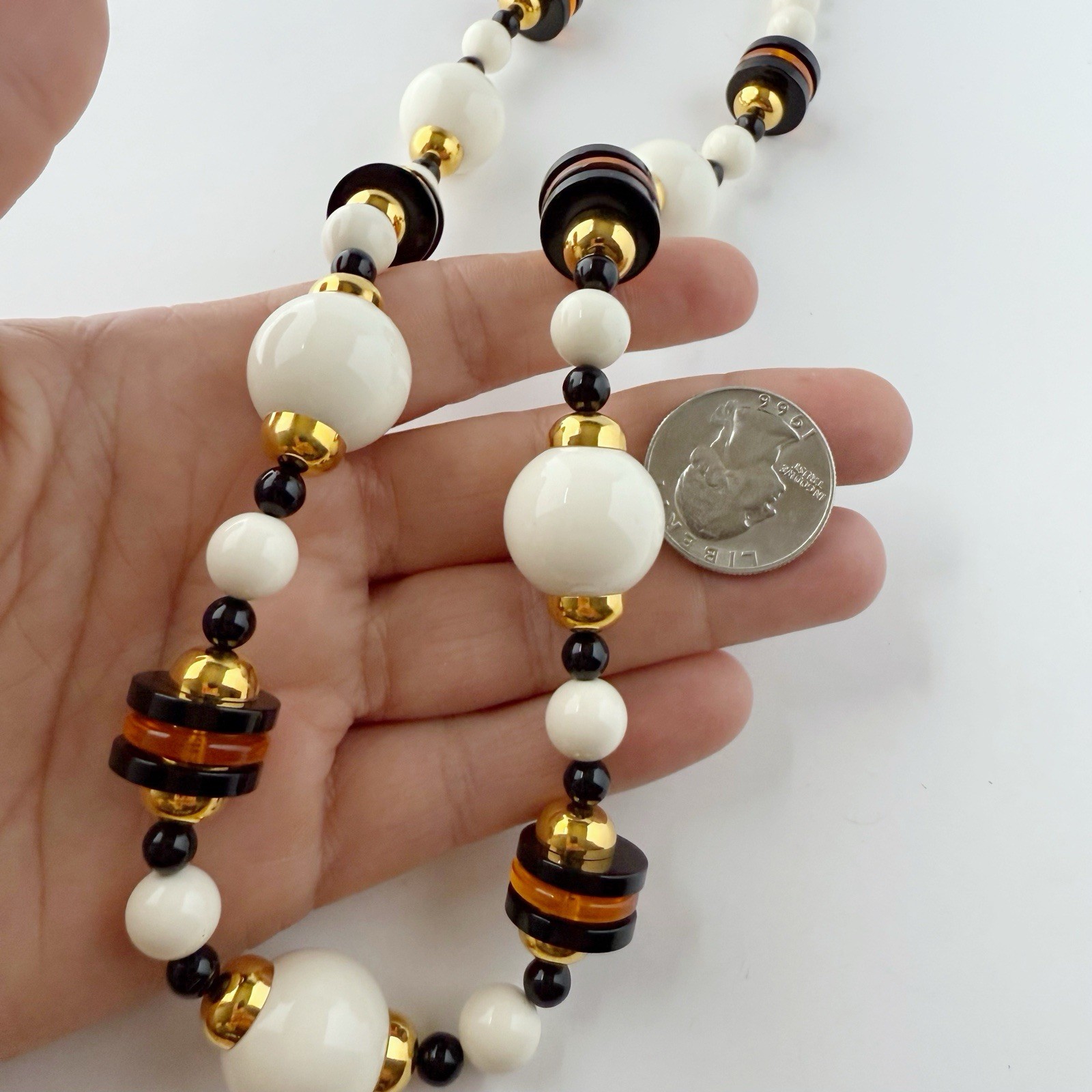 Vintage Trifari Cream Black Amber Lucite Resin Beaded Chunky Necklace 25”