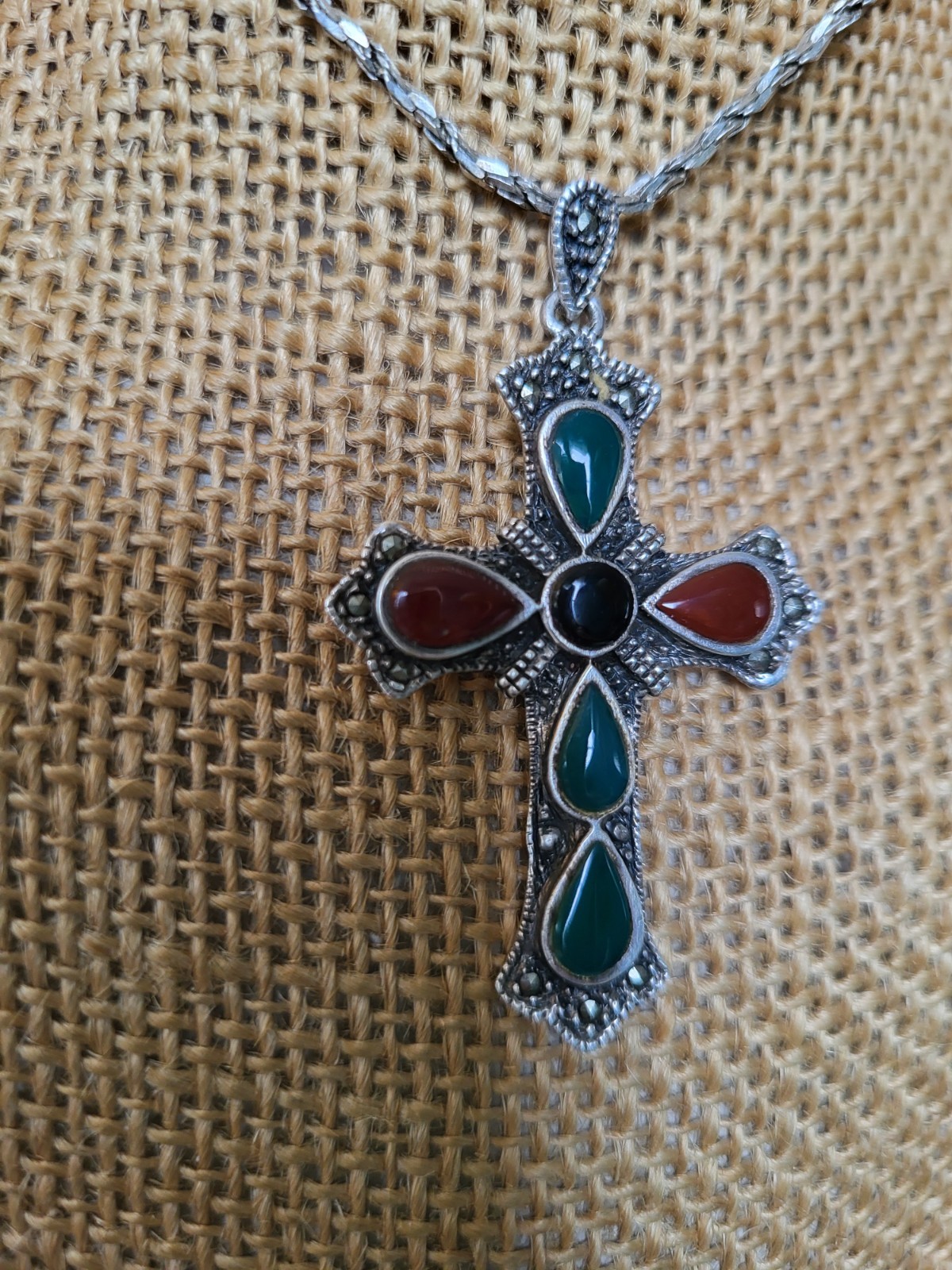 sterling silver gemstone large cross with very nice heavy sterling chain