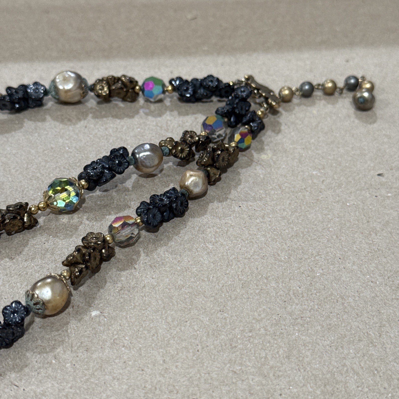 VTG Vendome 3 Strand Necklace & Bracelet Set Art Glass, Pearls, & Flower