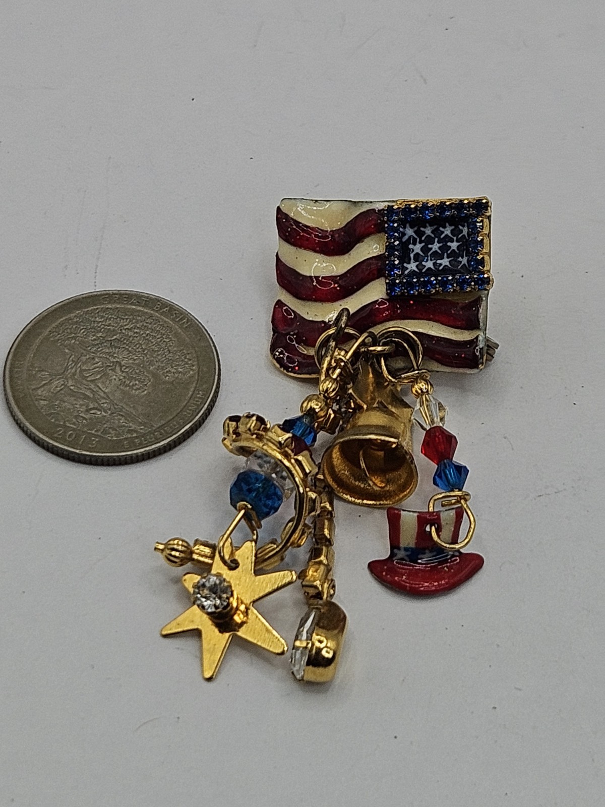 Vintage Repurpused Lunch At The Ritz Patriotic American Flag Charm Brooch