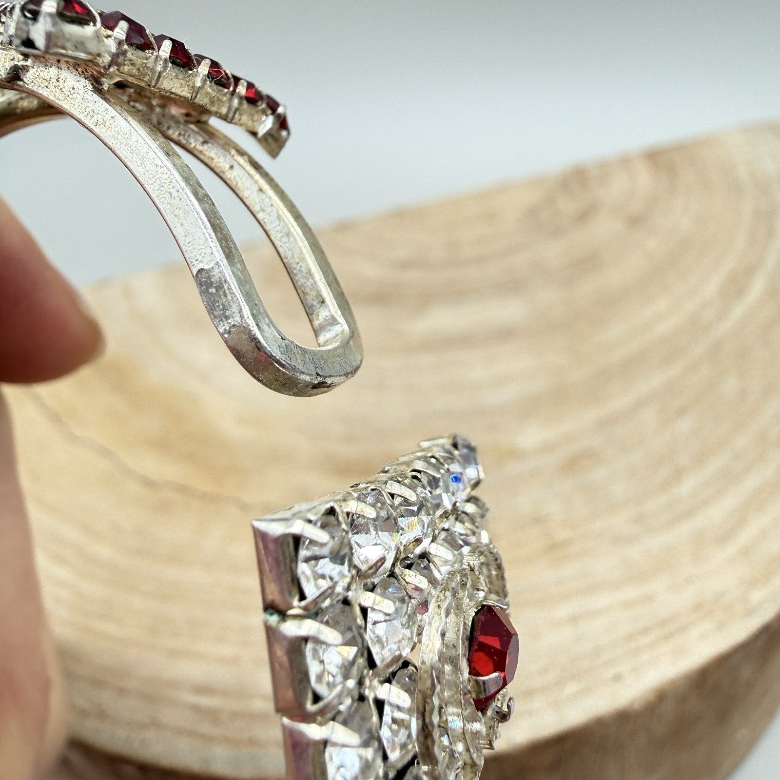 Vintage Red & Clear Rhinestone Hinged Cuff Bracelet Unmarked Red Bracelet