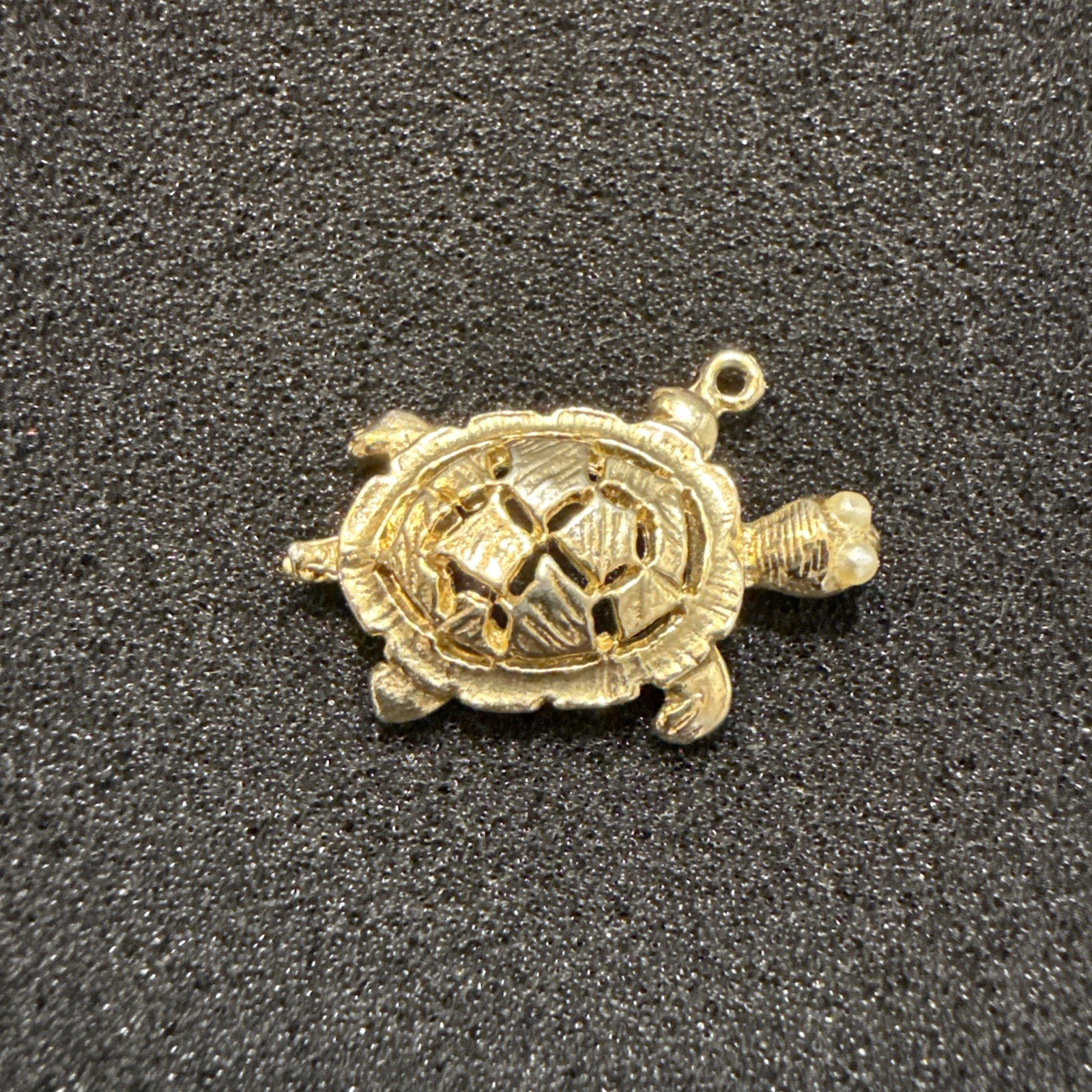 Vintage Detailed Gold Tone Turtle Pendant Pearl Eyes Lucky Tortoise Charm