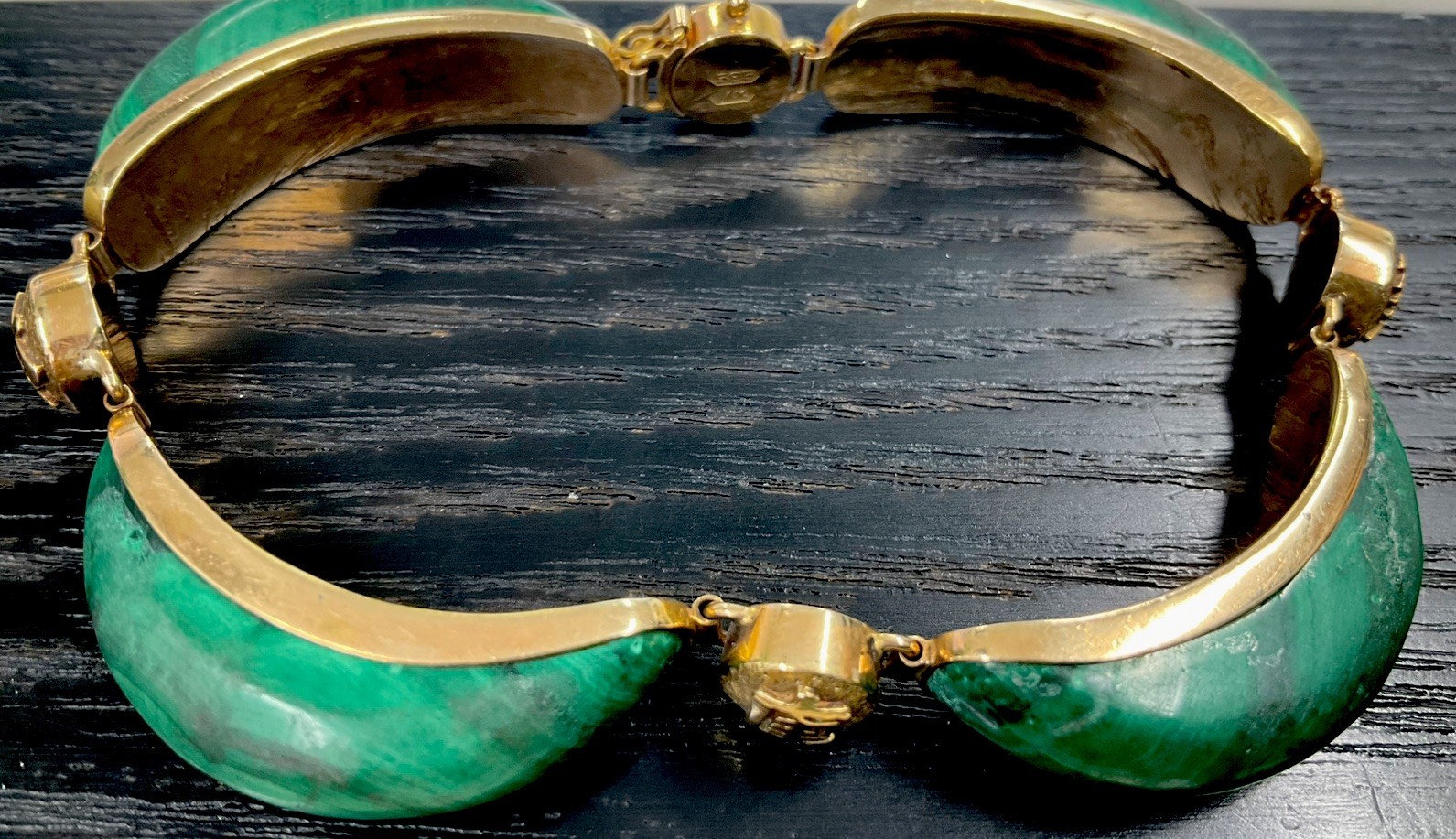 Vintage Scalloped Malachite 14k-585 Yellow Gold Bracelet With Chinese Sybols