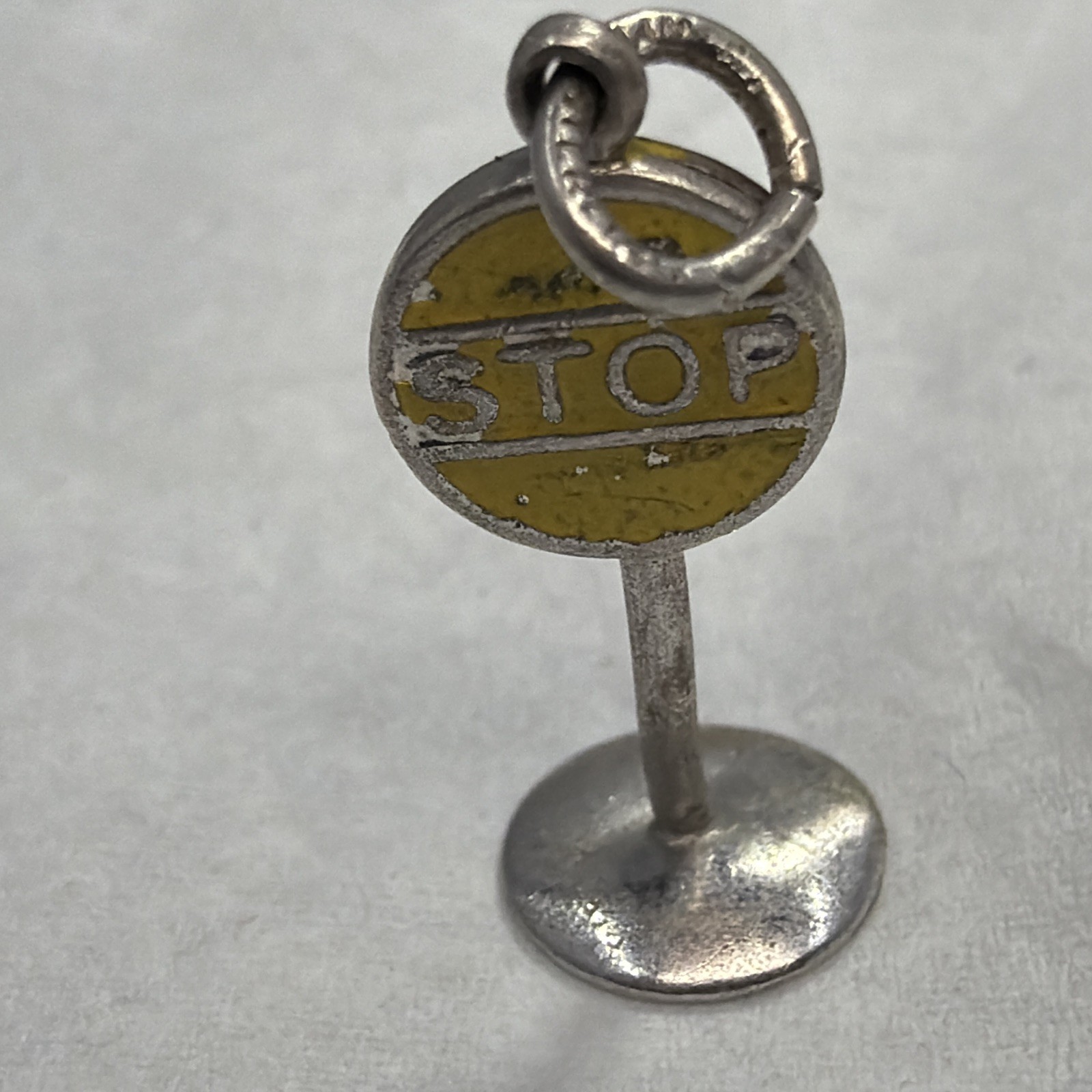 1950’s Vintage Sterling Silver Stop Sign Charm For Bracelet .925 Yellow Enamel