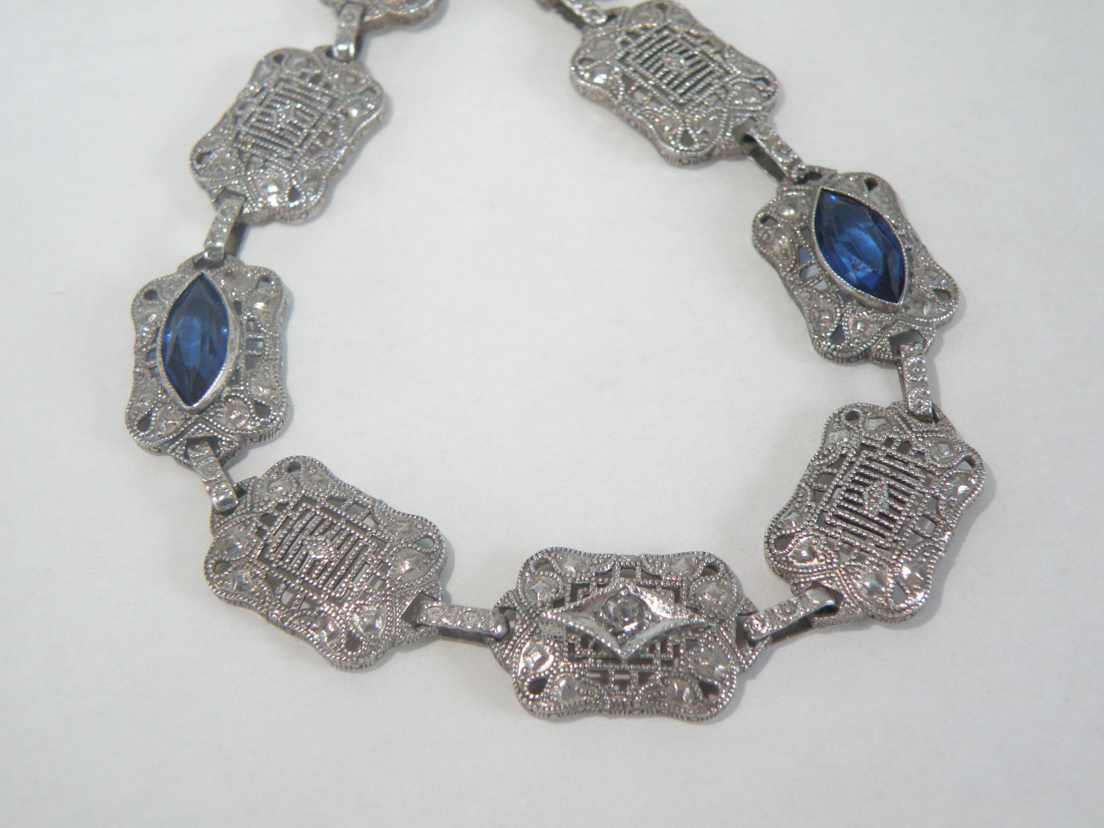 Art Deco Sterling Silver Sapphire Paste Filigree Station Antique Bracelet 7.5″