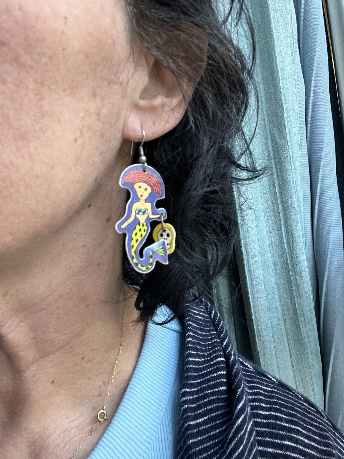 Vtg Mermaid Earrings Signed 1990 Beach Art Skull Dangle Goth Boom Boom Wiz