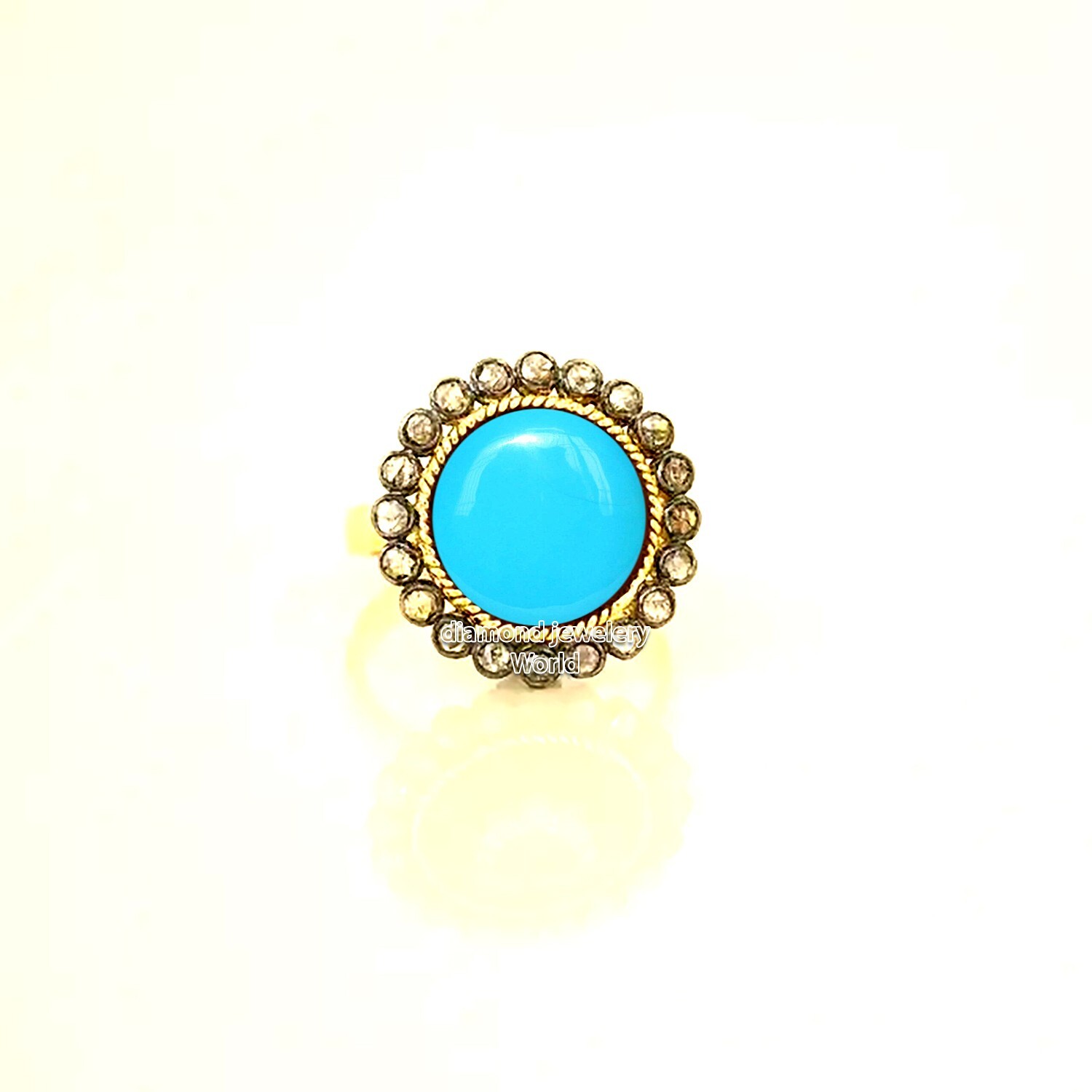 Amazing 1.08ctw Rose Cut Diamond Turquoise Studded Silver Victorian Ring Jewelry