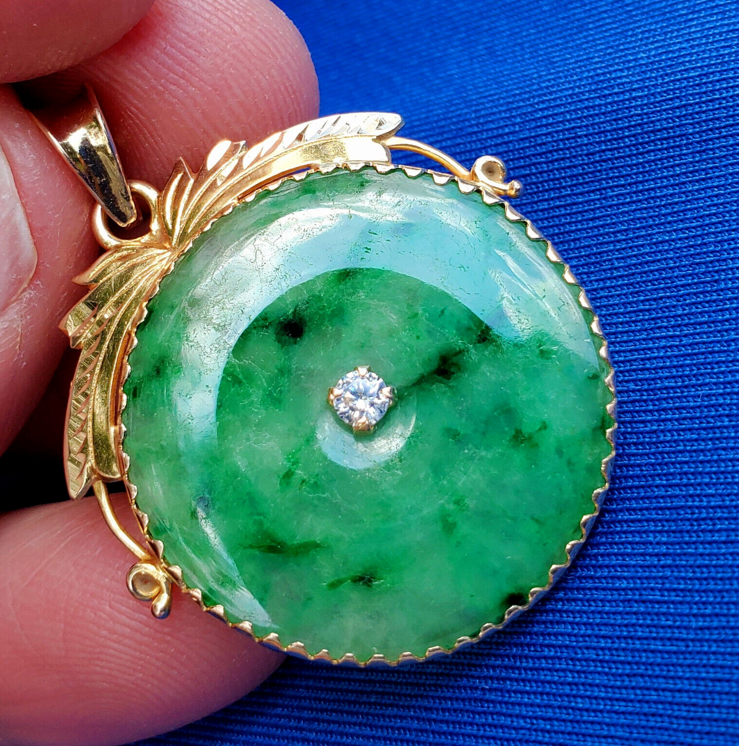 EARTH MINED Green Jadeite JADE DIAMOND Vintage Deco Pendant 14K GOLD Medallion