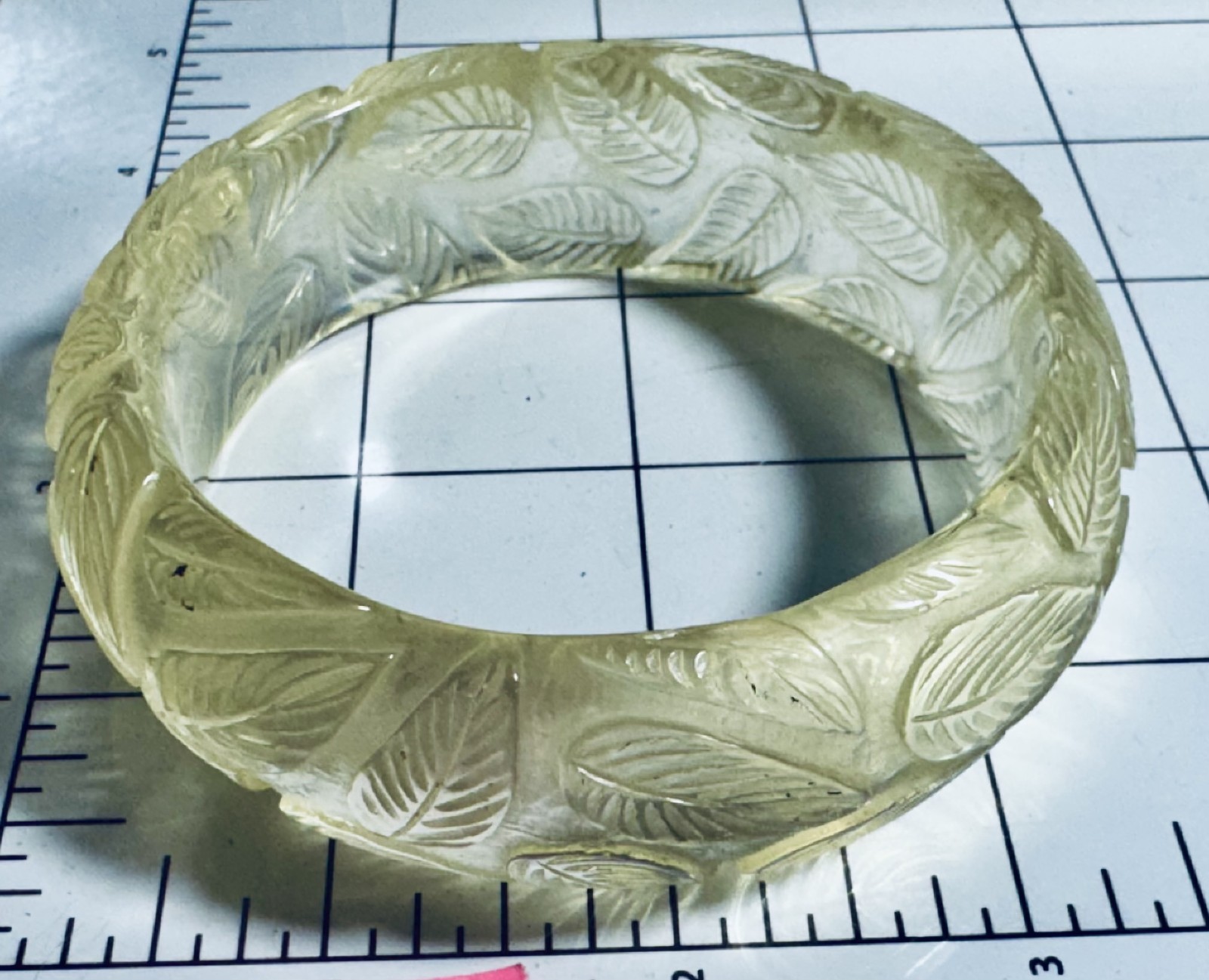 Vintage Clear Translucent Carved Floral Leaf Lucite Bangle Bracelet