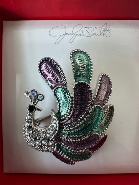 Vintage Jaclyn Smith Peacock Brooch Enamel Rhinestone Silver-Tone