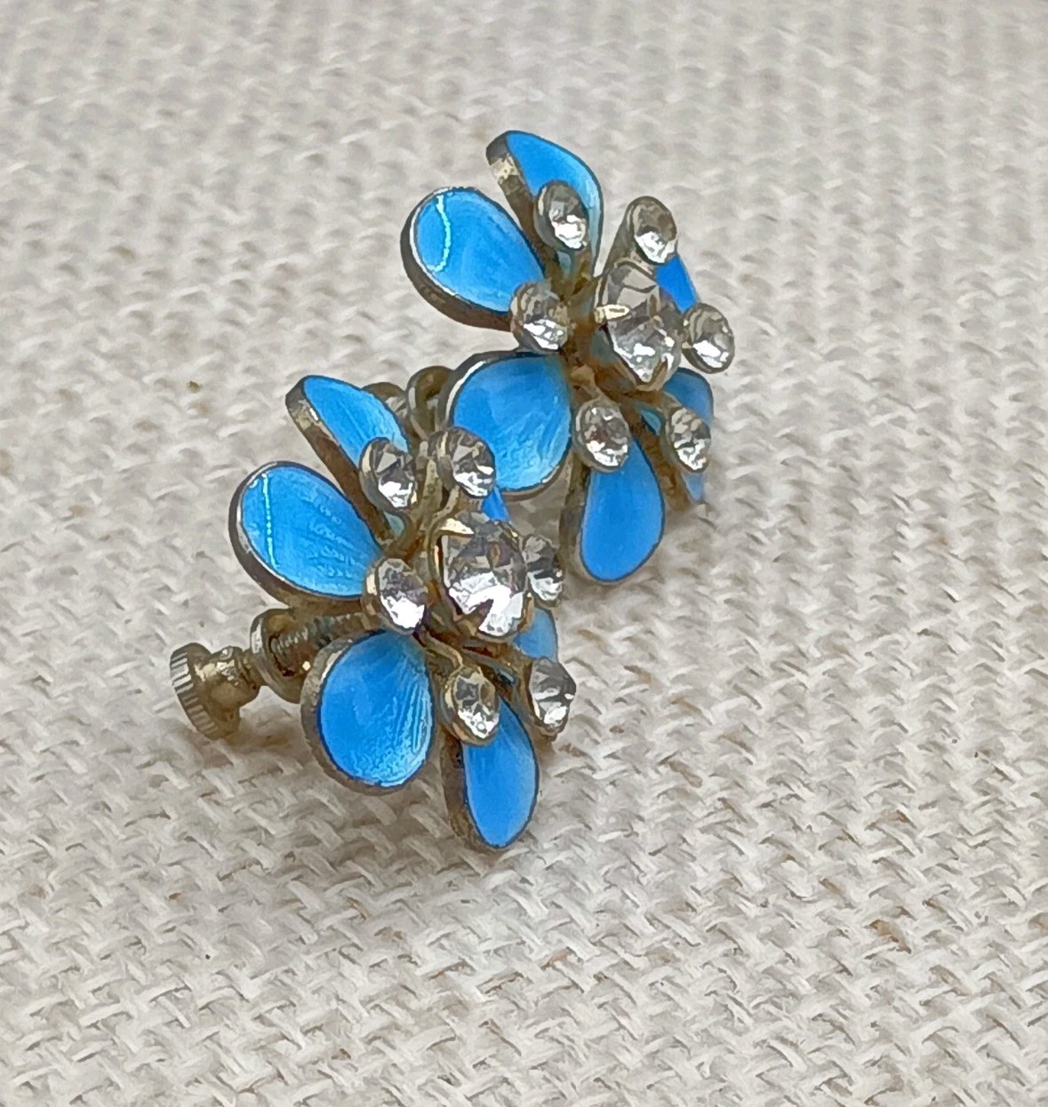 Vintage Blue Flower Earrings Guilloche Enamel Rhinestone .75″ Screw Back